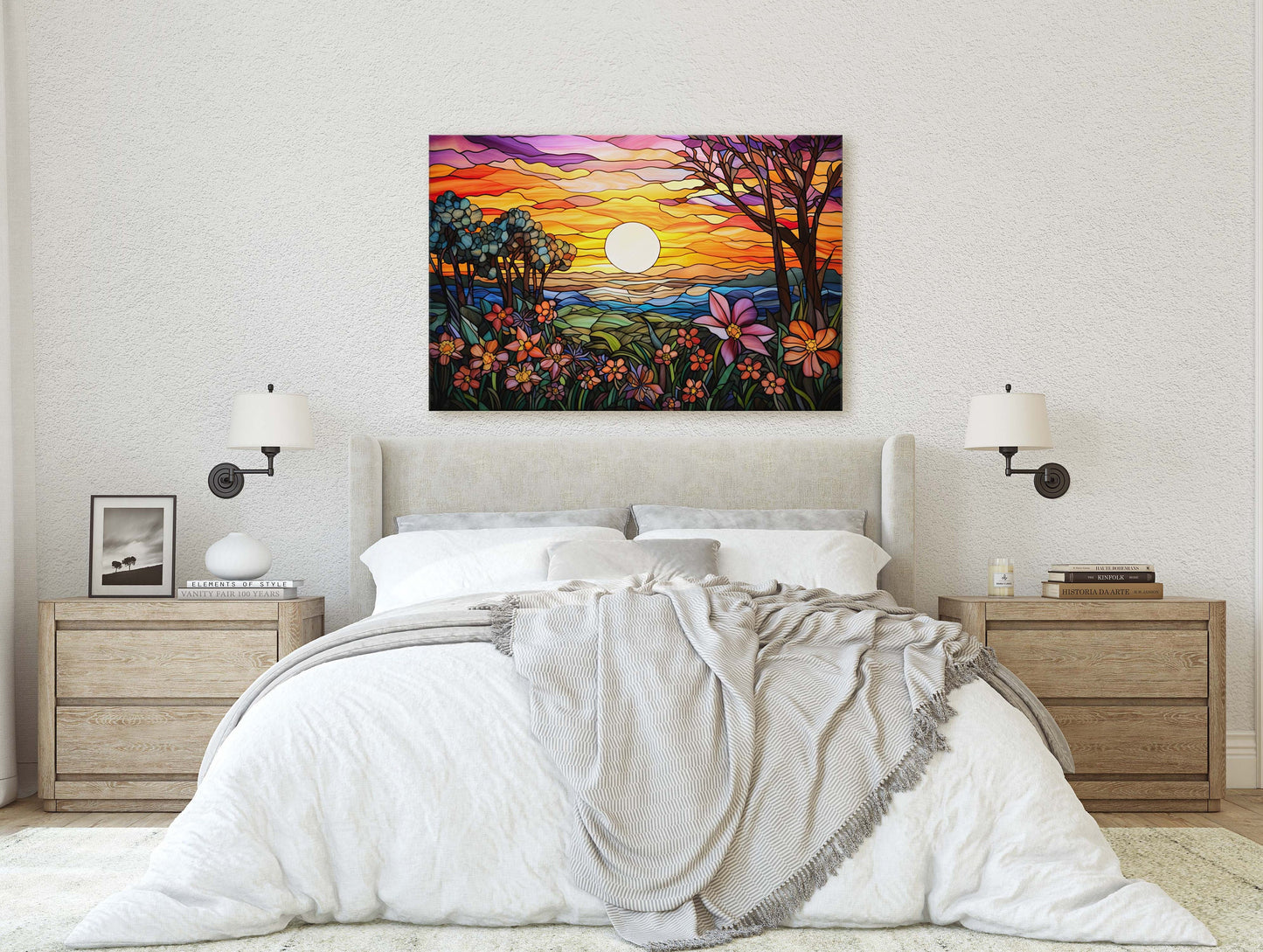 Stained Glass Painting, Faux Stained Glass, Sunset Flowers, Sunrise Field, Mountain Landscape, Framed Canvas, Vivid Colorful