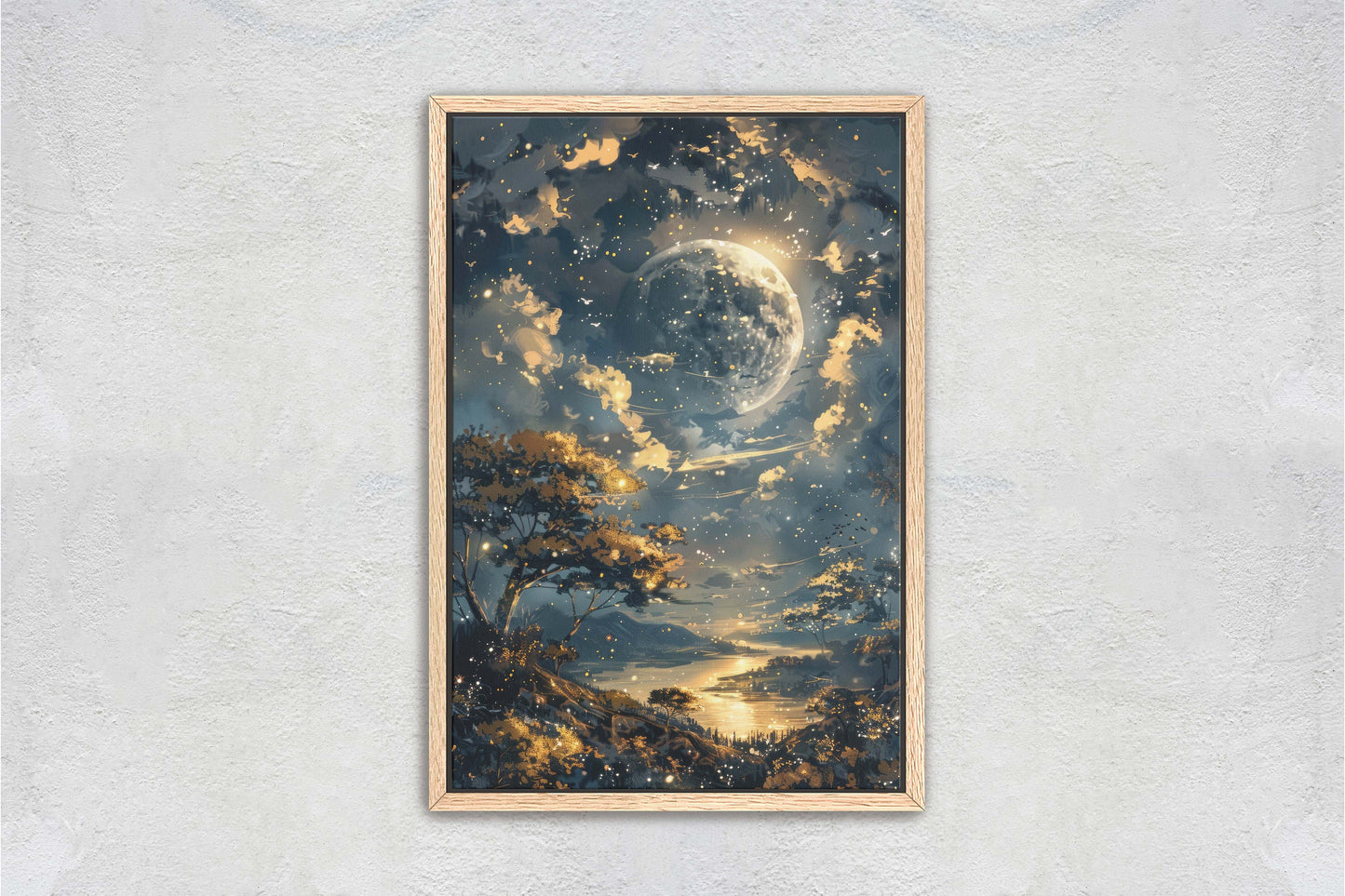 Full Moon, Celestial Painting, Night Sky, Golden Glow, Majestic Landscape, Framed Canvas, Large Art Print