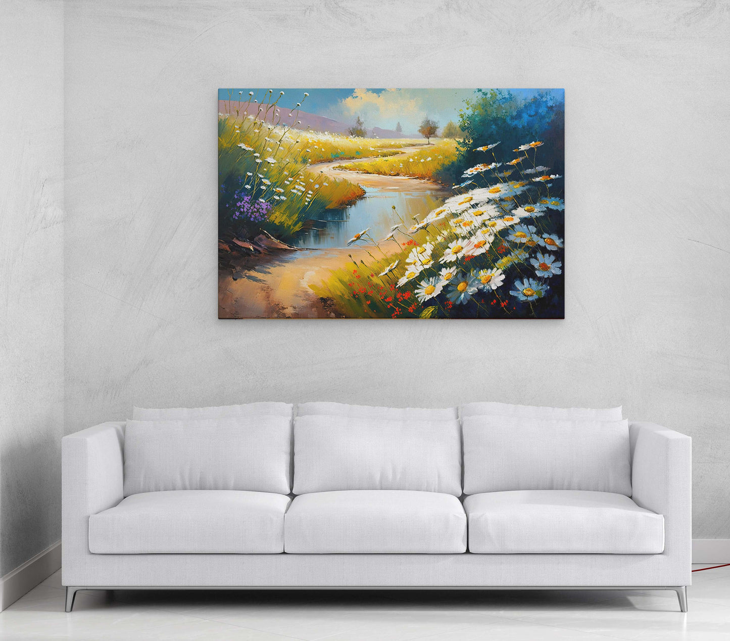 Chamomile Field, White Wildflowers, Flowers Canvas Art Ready To Hang Large Print, Oil Painting, Landscape