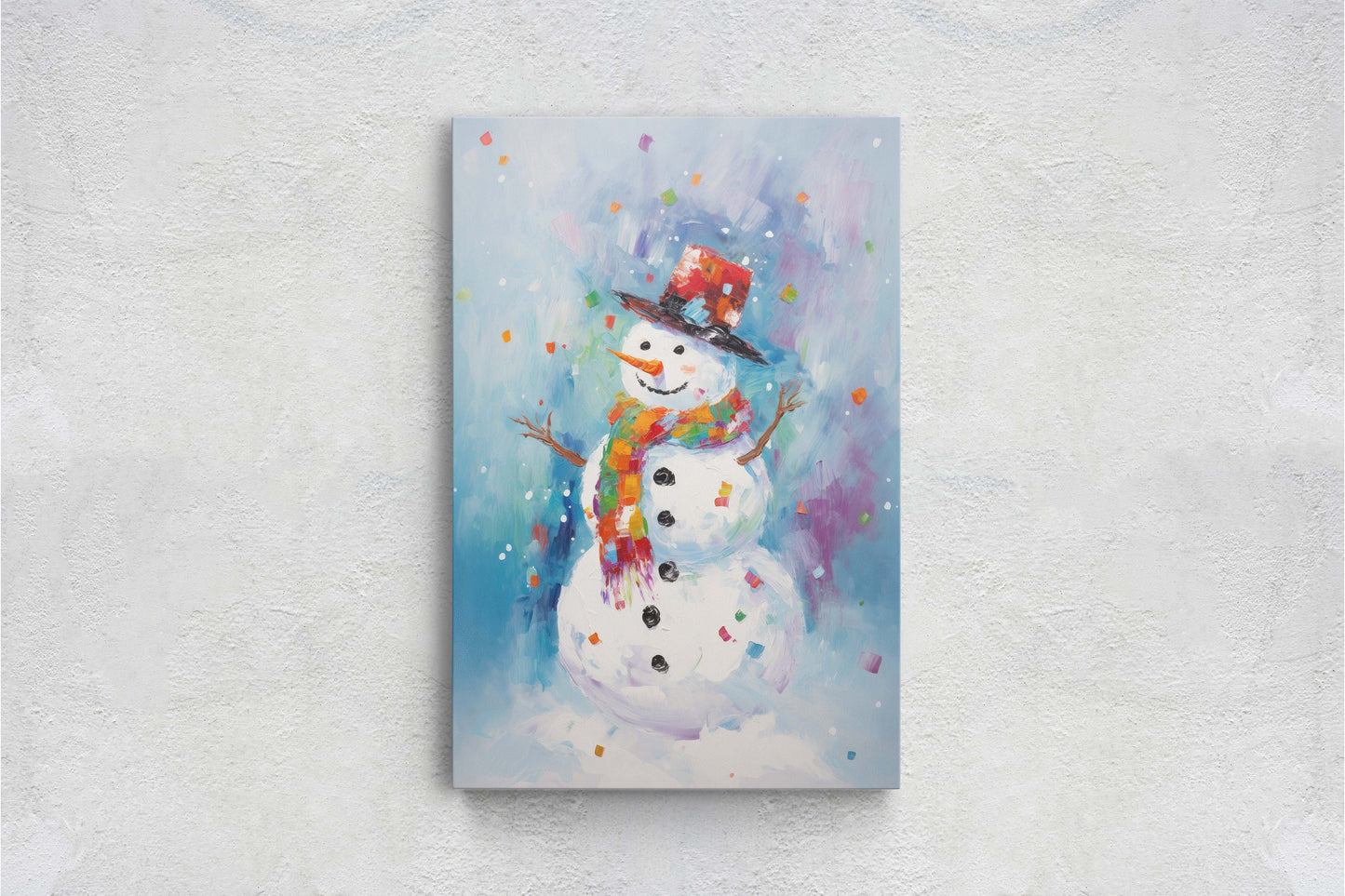 Colorful Snowman, Festive Winter Art, Holiday Decor, Christmas Print, Winter season, Framed Canvas, Snow man