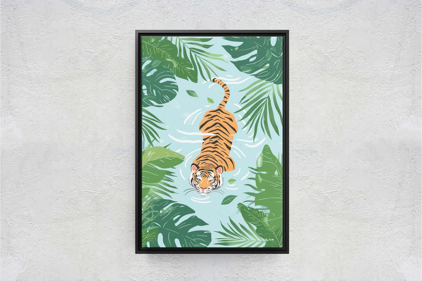 Tiger Swimming, Tropical Wall Art, Framed Canvas, Big Cat Art, Jungle Decor, Rainforest Art
