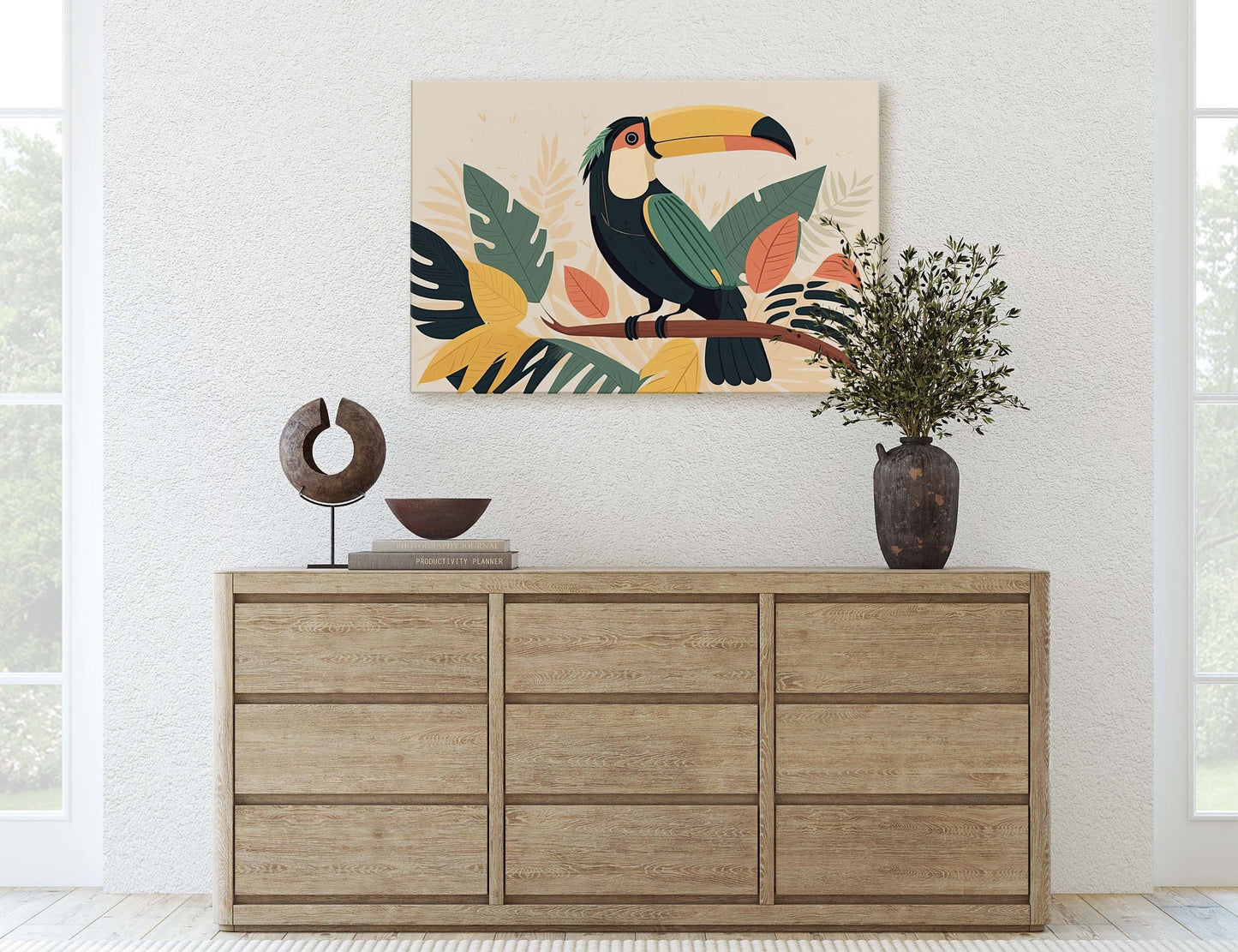 Toucan Boho Minimalist, Bird Art Deco, Mid Century Modern, Canvas Art Large Print,Painting, Landscape, Botanical Tropical