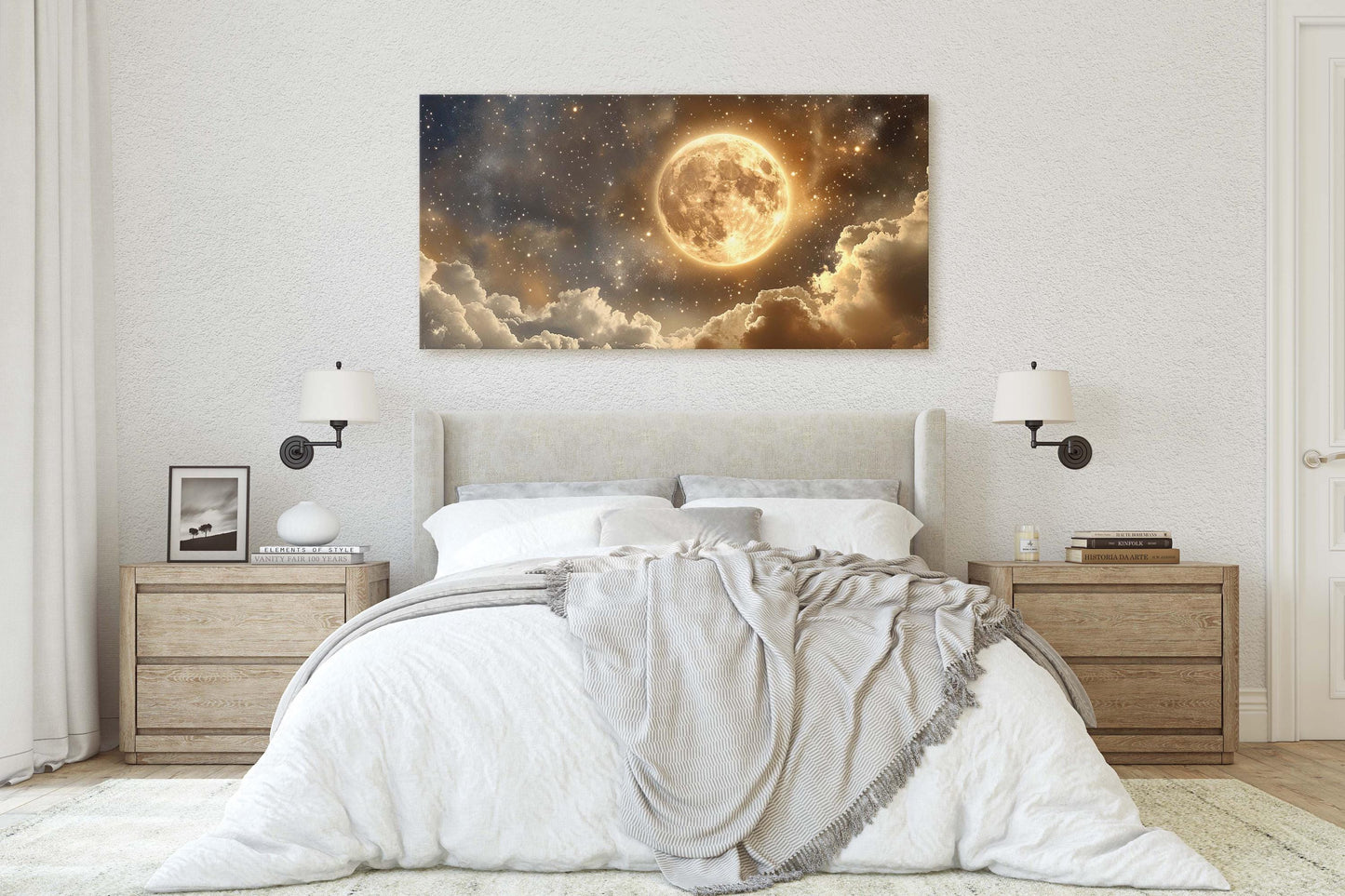 Full Moon Vintage ,Cloudy Moon Sky, Moon Painting, Moon and Stars