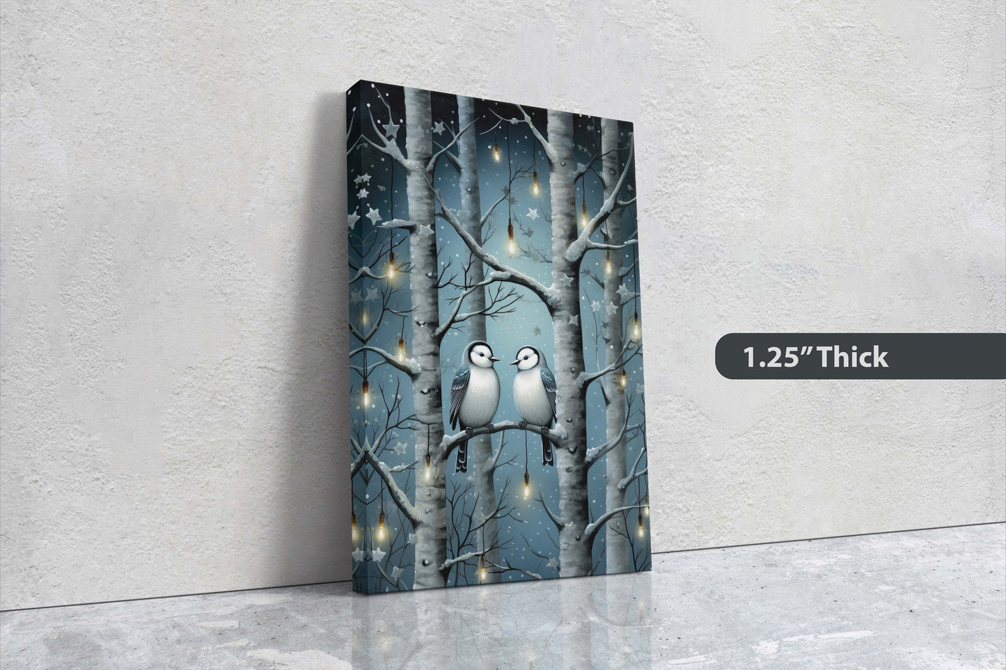 Snow Birds Painting, Winter Bird Tree, Festive Decor, Winter Season, Blue Birds, Tree Lights, Framed Canvas