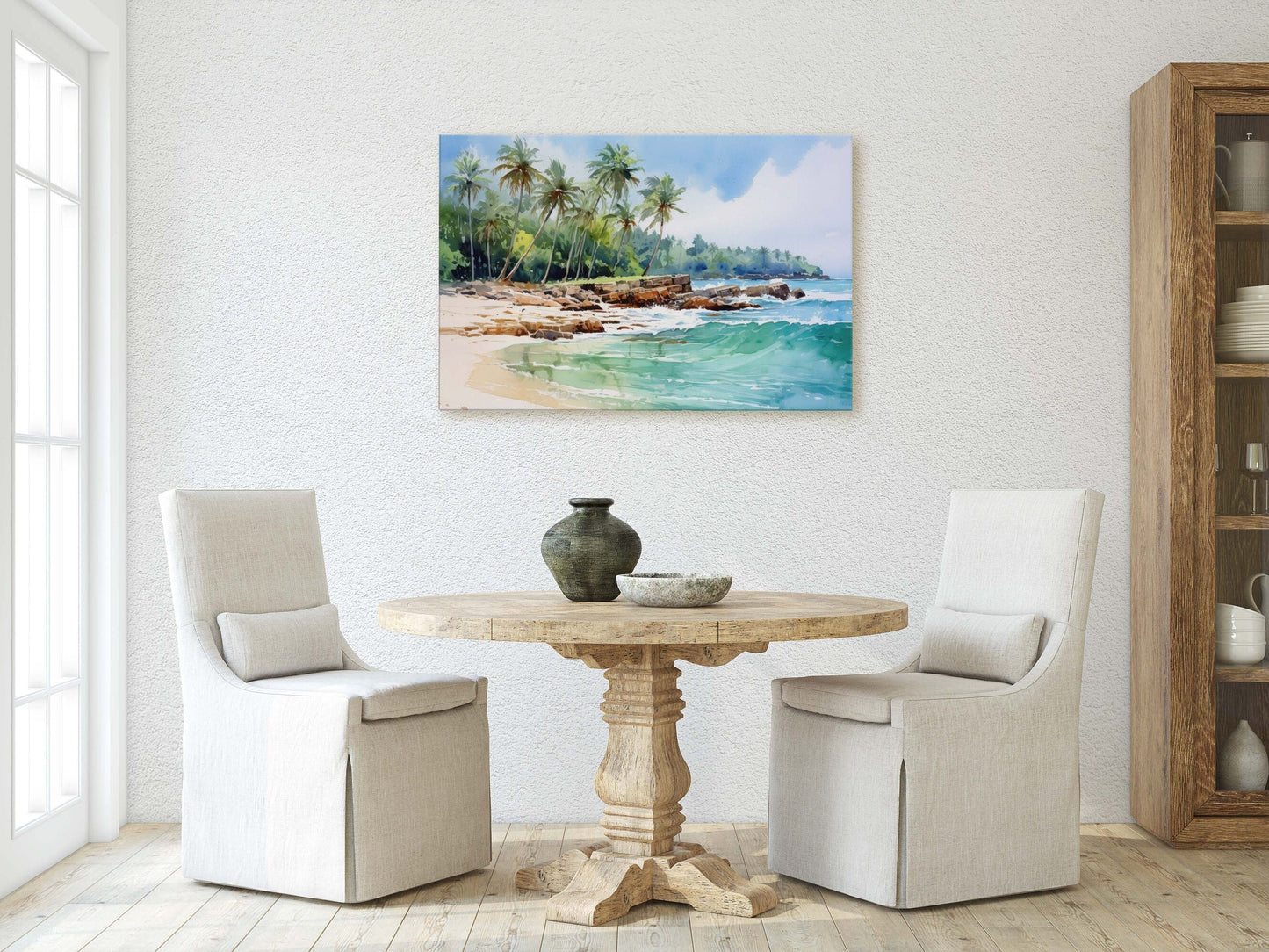 Ocean Beach On Canvas, Beautiful water, watercolor, Framed Canvas, Hawaii