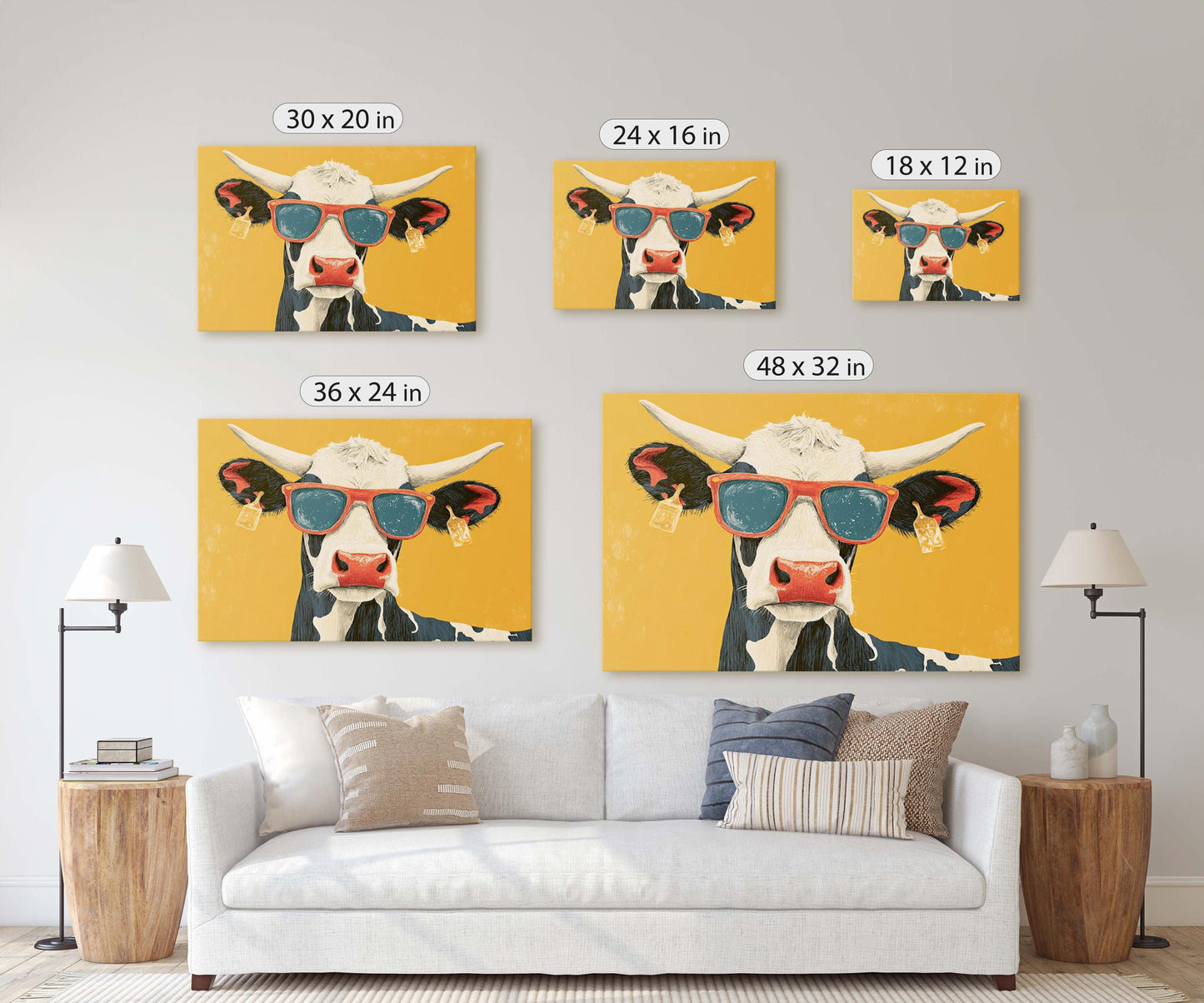 Hipster Cow, Pop Art, Street Art, Graffiti Painting, Animal Sunglasses, Yellow, Fun Quirky, Large Art Print, Kids Room, Boys Room