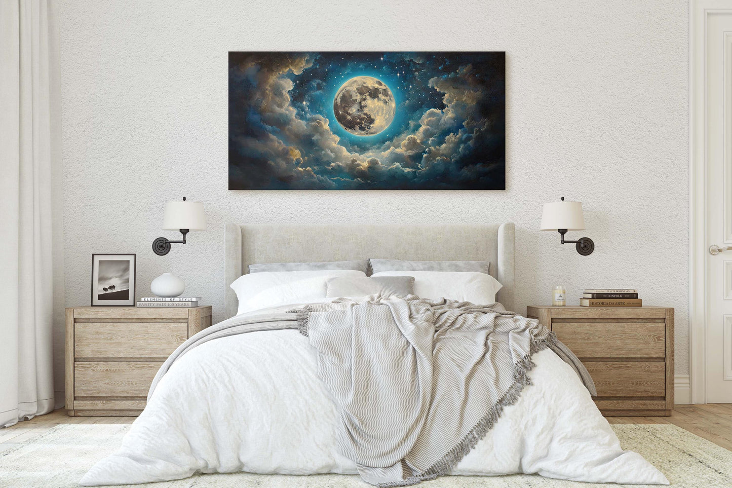 Full Moon Vintage ,Cloudy Moon Sky, Moon Painting, Moon and Stars