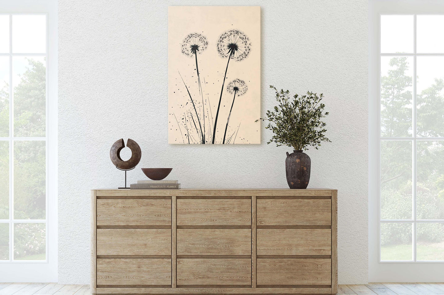 Minimalist Dandelion, Dandelion Print, Black and White, Cream, Neutral Colors