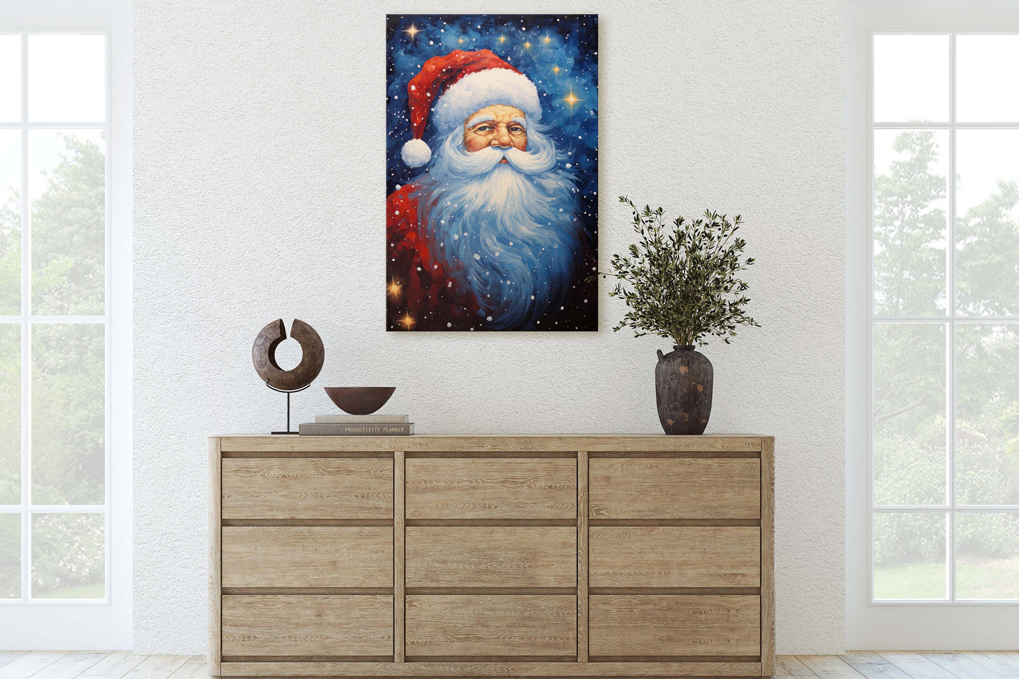Santa Painting, Christmas Decor, Xmas Painting, Festive Painting, Winter Art, Framed Canvas, Santa Print