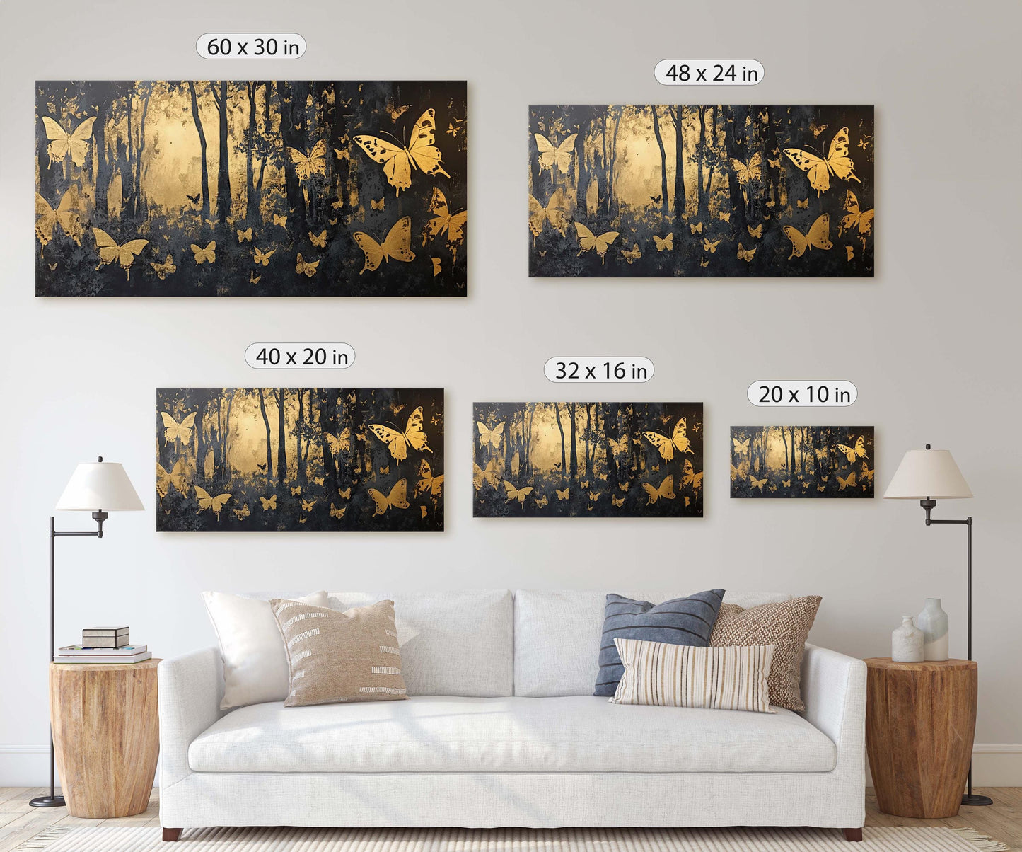 Butterfly Forest, Black and Gold Trees, Wide Canvas print, Modern Contemporary