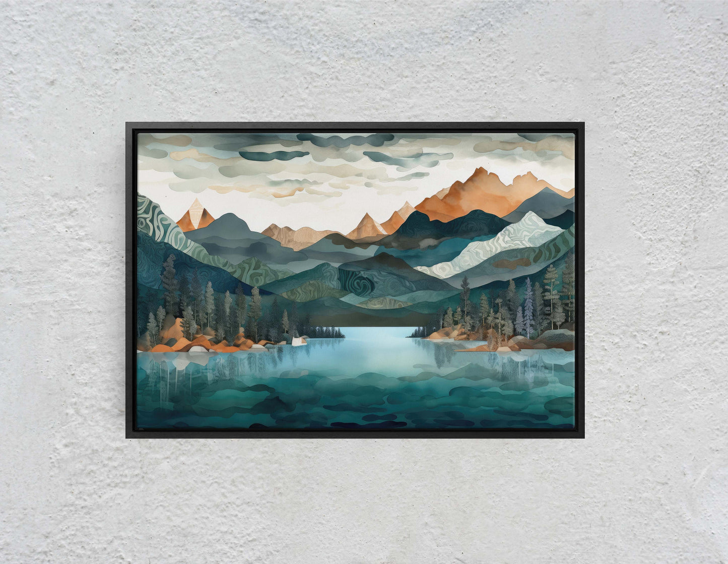 Lakeside Mountains on Canvas, Lake View mountains, Abstract Landscape, Modern Landscape, Neutral Tones, Subtle color, Watercolor Print