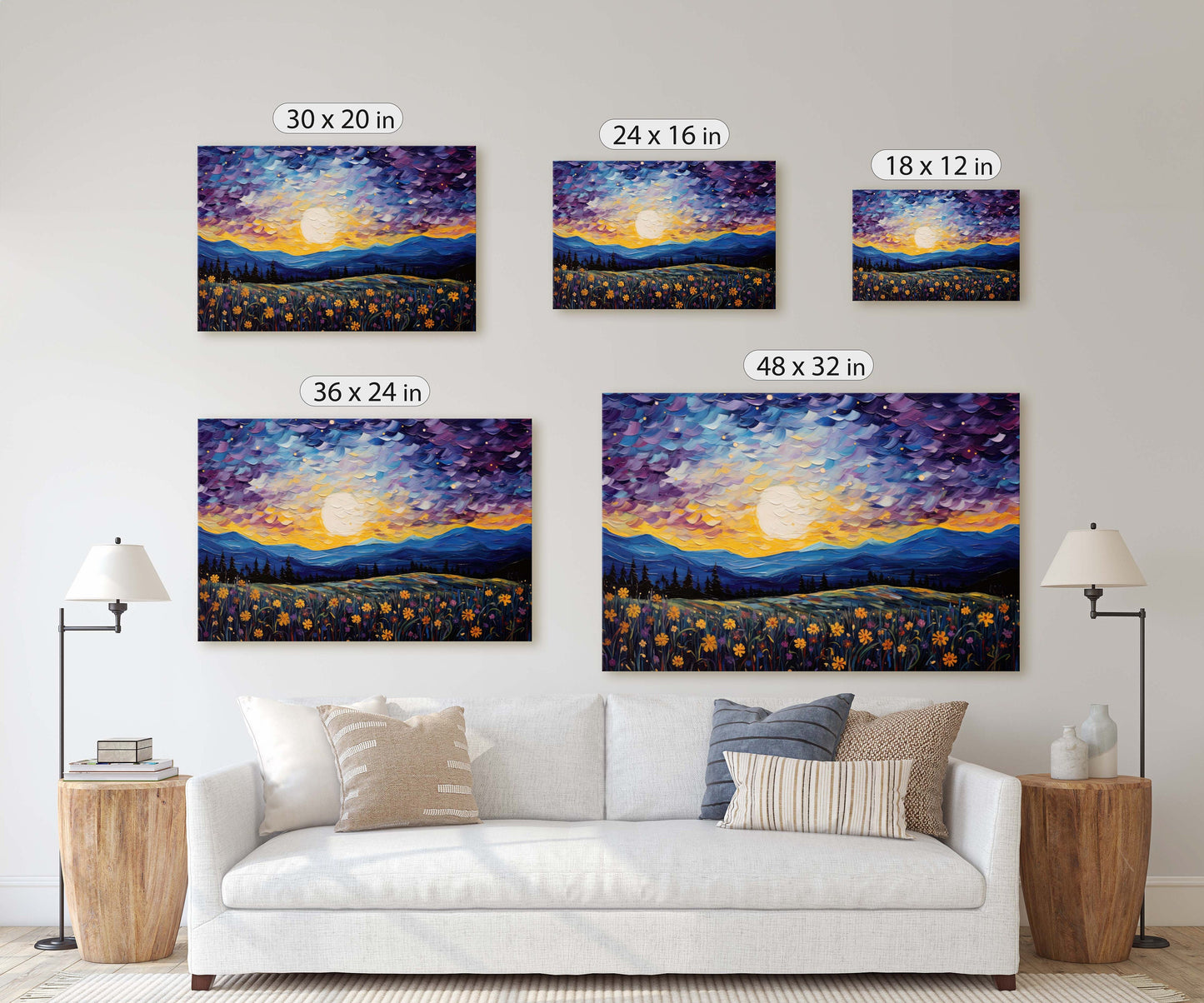 Flowers and Stars, Flower Field Painting, Blues Purples and orange, Moonlit Night, Sunset, Sunrise, Landscape Painting