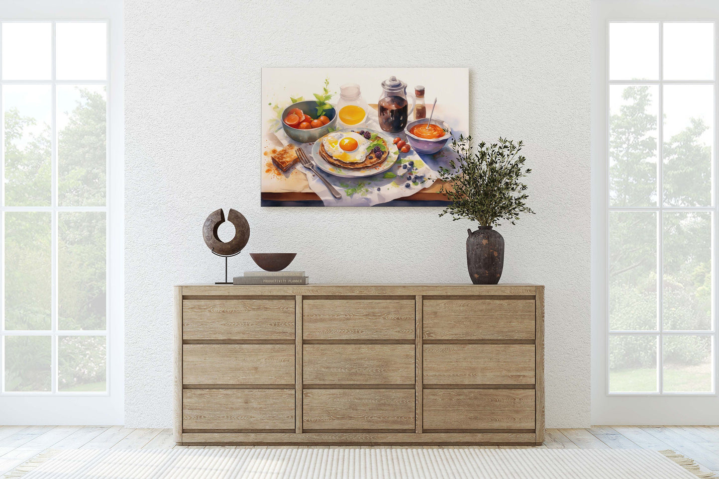 Breakfast Watercolor, Breakfast Painting, Food Art, Kitchen Art, Eggs Pancakes, Coffee, Framed Canvas, Colorful Food Art, Colorful Kitchen