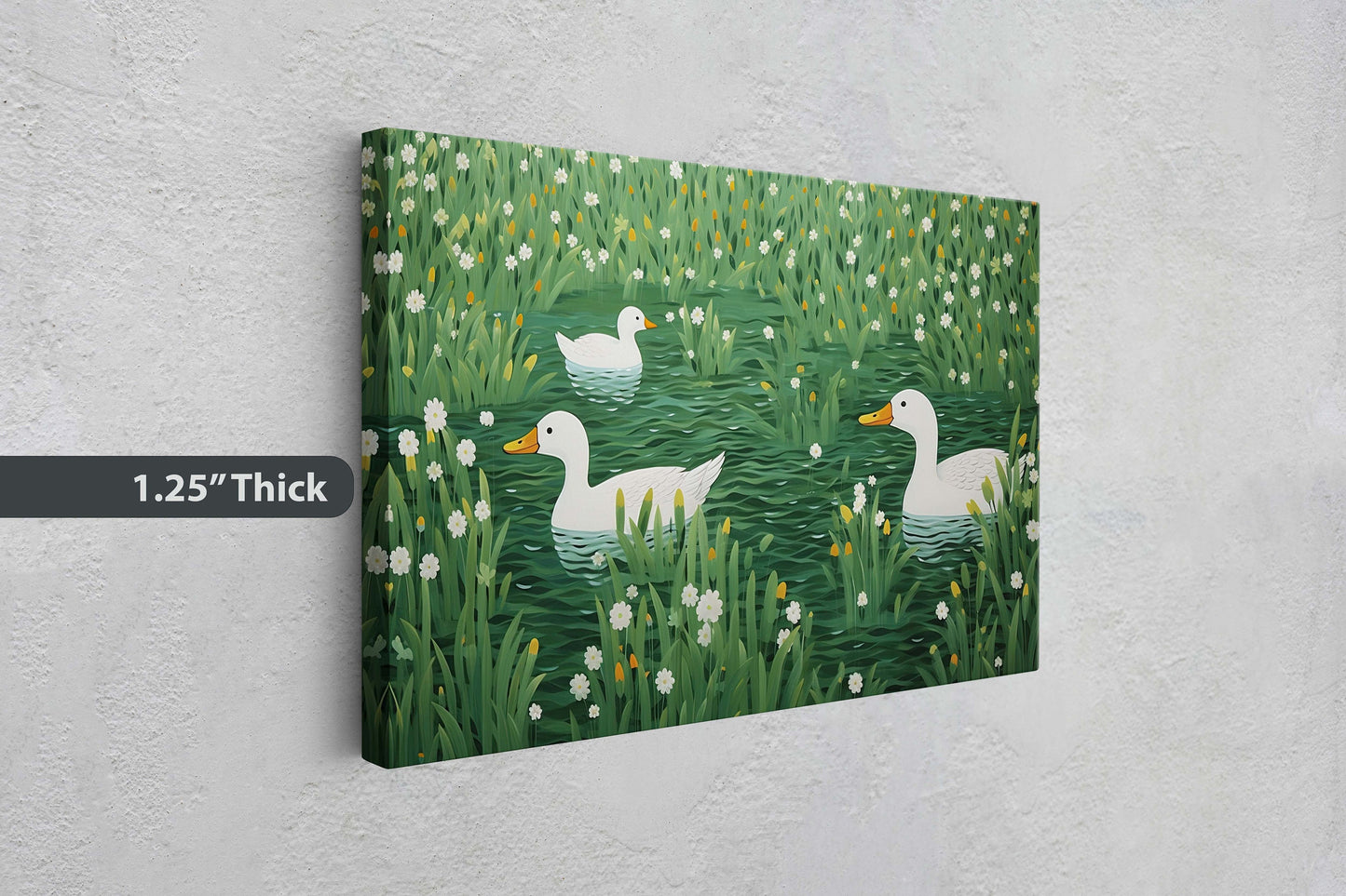 Ducks on Pond, Green Pond, Simple Minimal, Framed Canvas, Green and White, Emerald Green, Large Art Print, Mallard Duck, Lake, Marsh