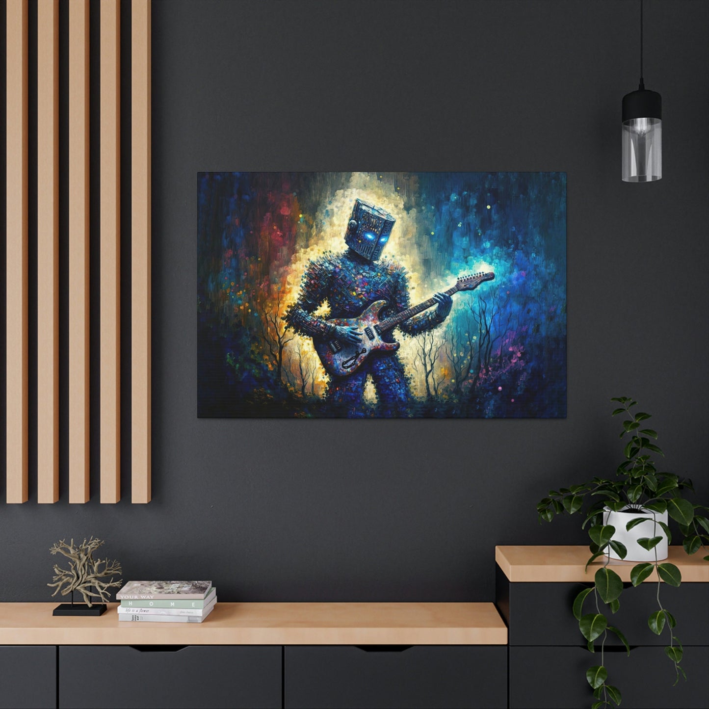 Robot Guitar Canvas Art Ready To Hang Large Print, Man Cave, Video Game, Retro Fururistic, Colorful