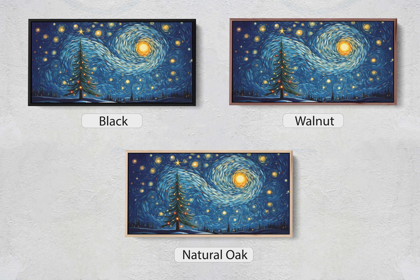 three paintings of a night sky with stars and trees