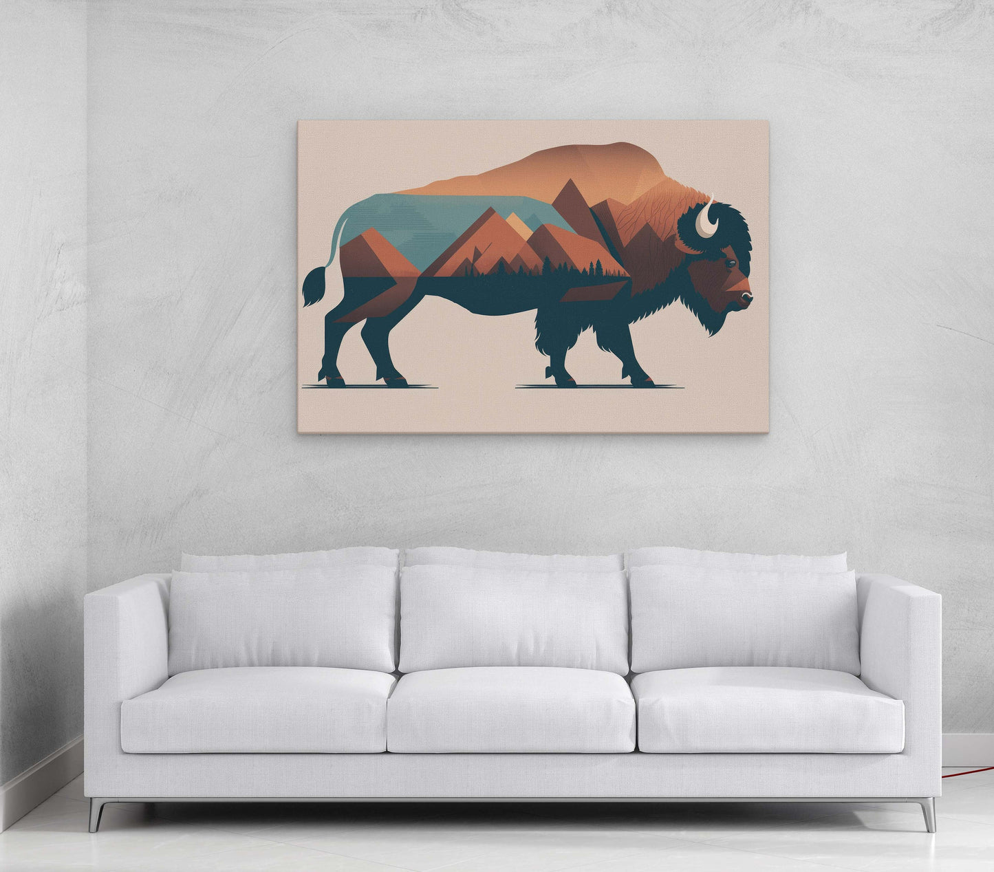 Boho Minimalist Buffalo, American Bison, Canvas Art Ready To Hang Large Print, Painting, Mountains, Neutral