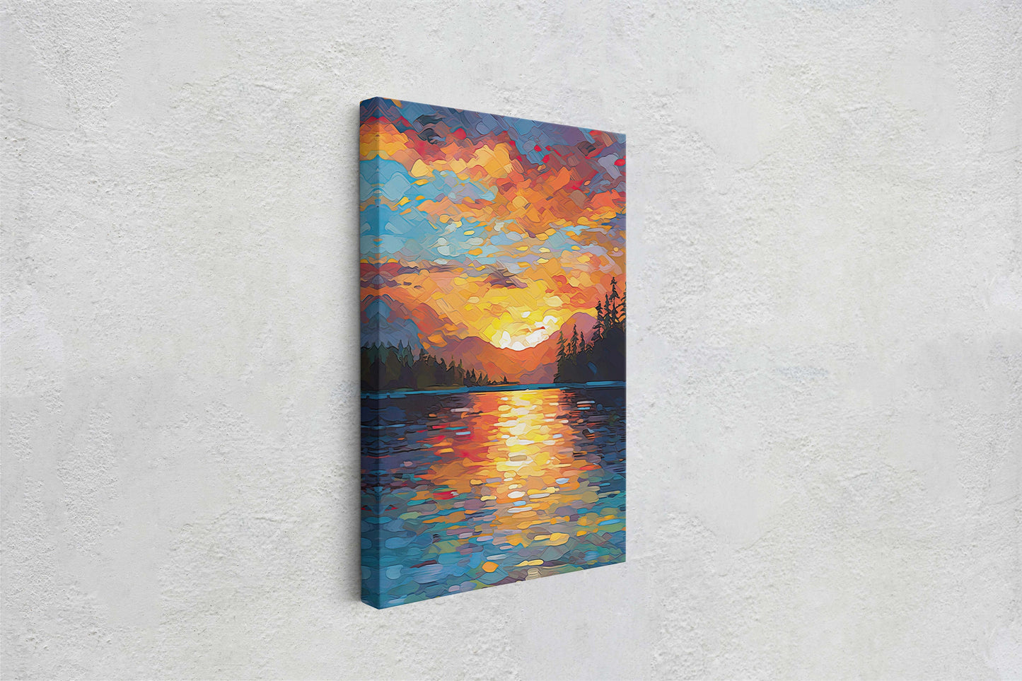 Lake at Sunset, Fauvist Color, Calm Water, Chromatic, Impressionist Art, Landscape Decor, Nature Painting, Ready to Hang, Canvas Print