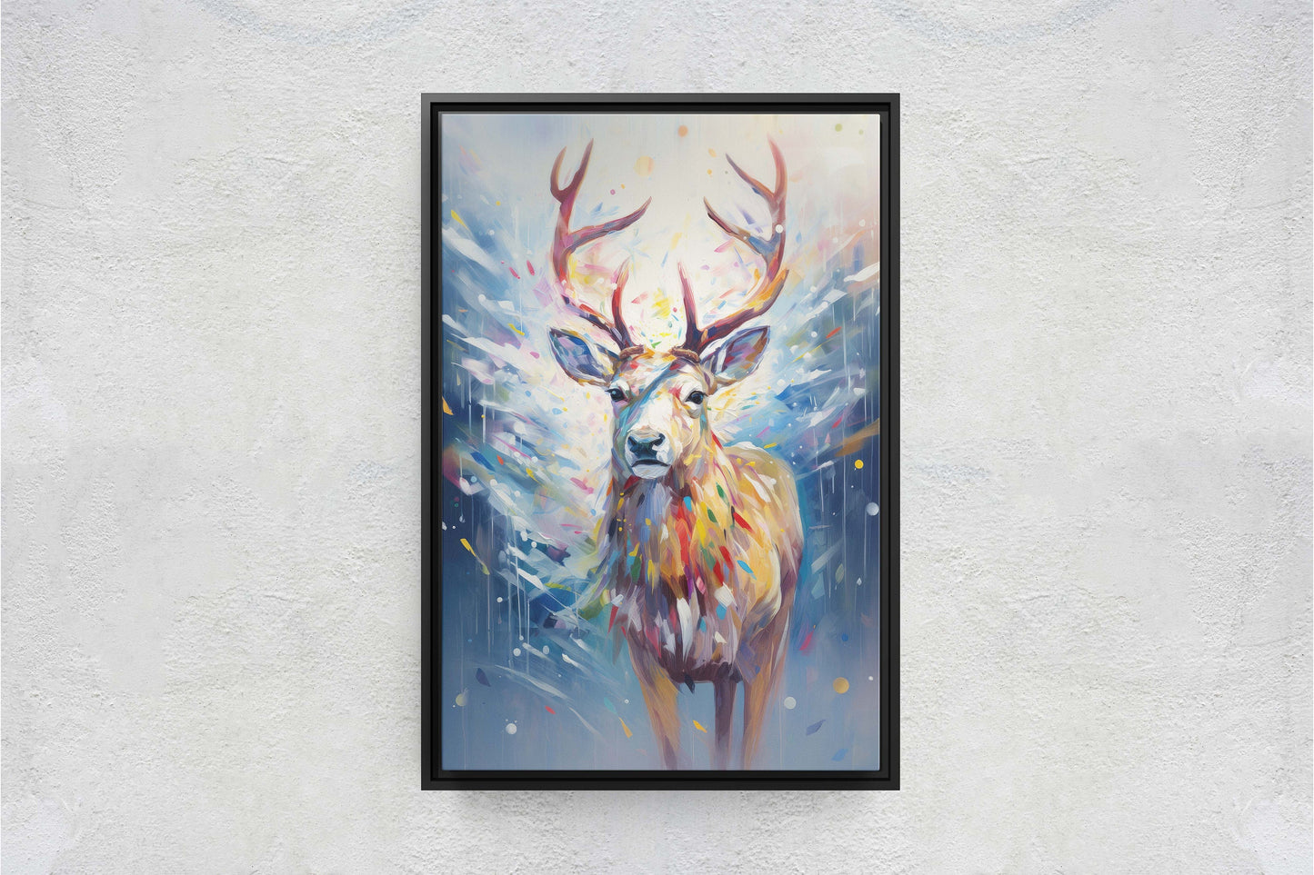 Reindeer Painting, Colorful Reindeer, Winter Art, Festive Decor, Xmas Print, Framed Canvas, Reindeer Print, Christmas Print
