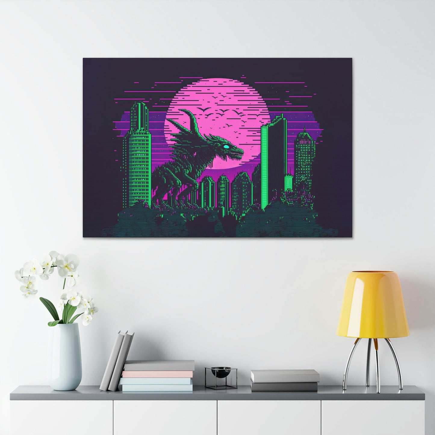 Alien Monster Destroying City Canvas Art Ready To Hang | Vapor wave | Outrun | Pixel | Man Cave