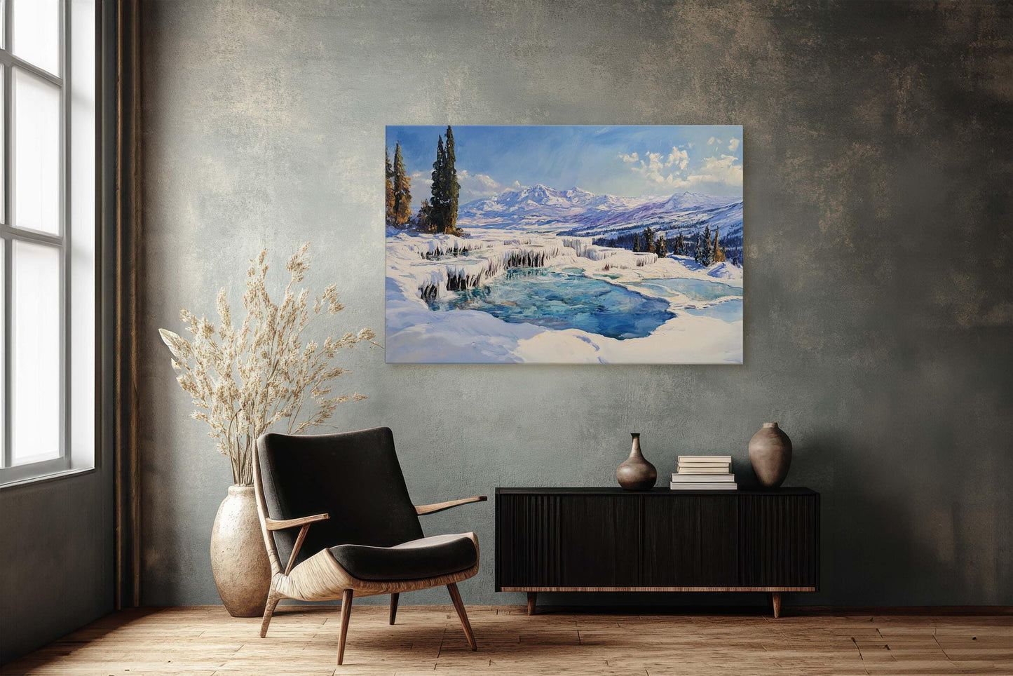 Snow Hot Springs, Winter painting, Scenic Art, Winter Mountain Print