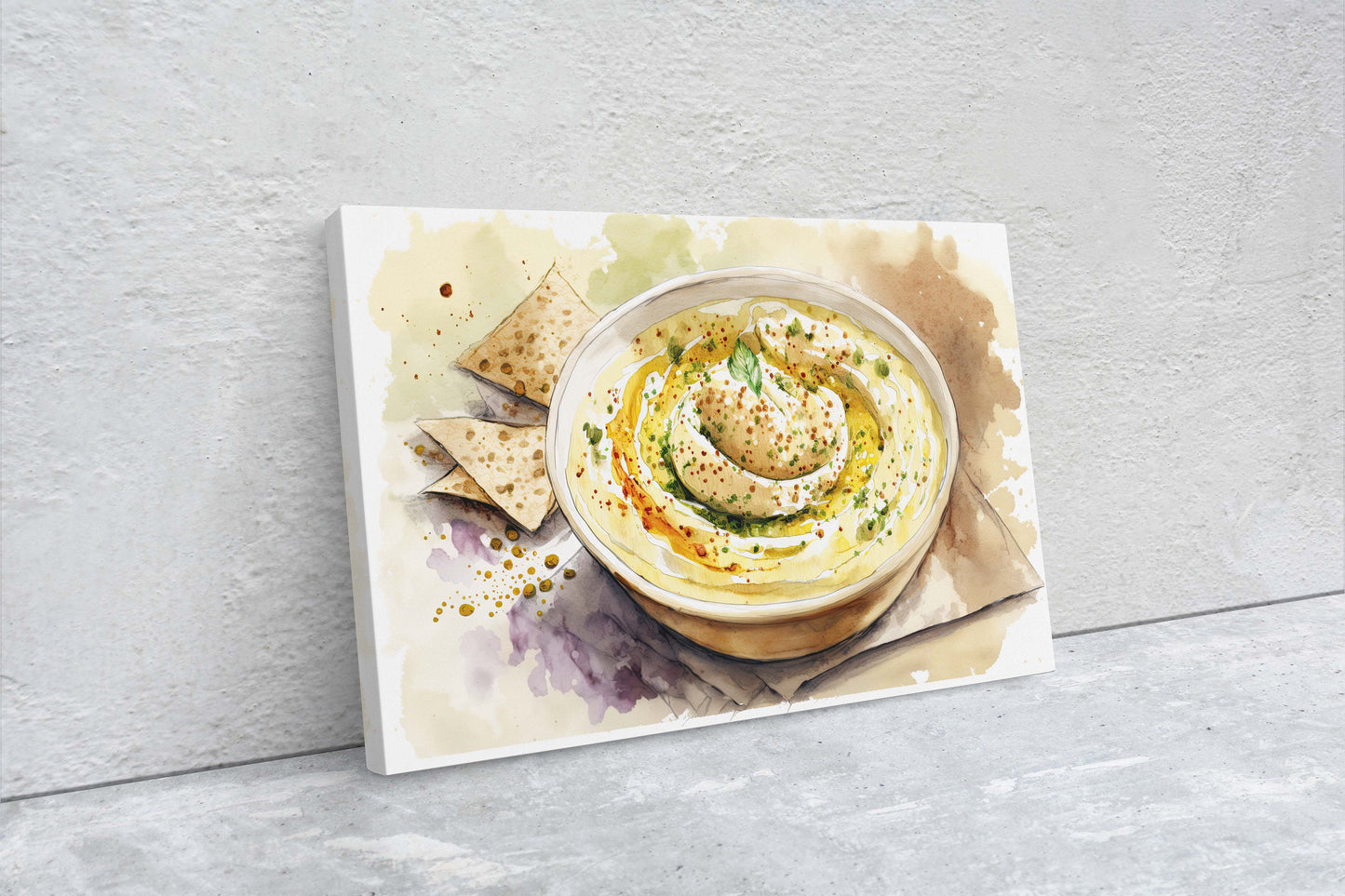 Hummus and Pita, chickpea, Ready To Hang, Large Print, Watercolor Painting, Dining Room, Kitchen Art, Restaurant Art, Mediterranean Food