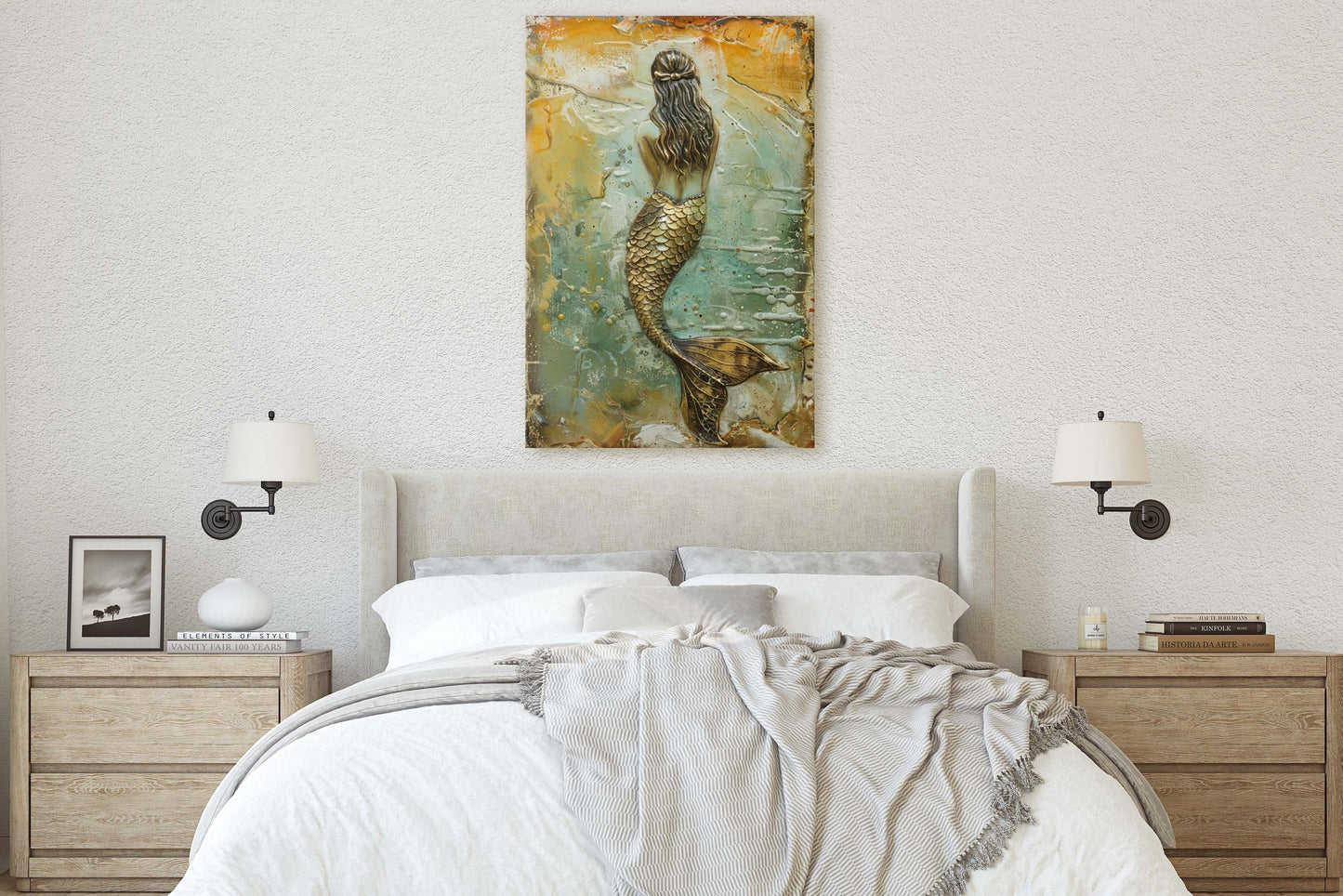 Rustic Mermaid, Faux metal art, Mythical Creature, Ocean Decor, Framed Canvas, Large Art print, Fantasy Painting