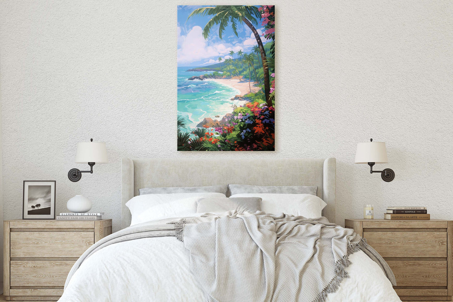 Flower Beach on Canvas, Coastal Painting, Palm Tree, Tropical Island, Framed Canvas, Palm Coast, Green Water, Blue Water