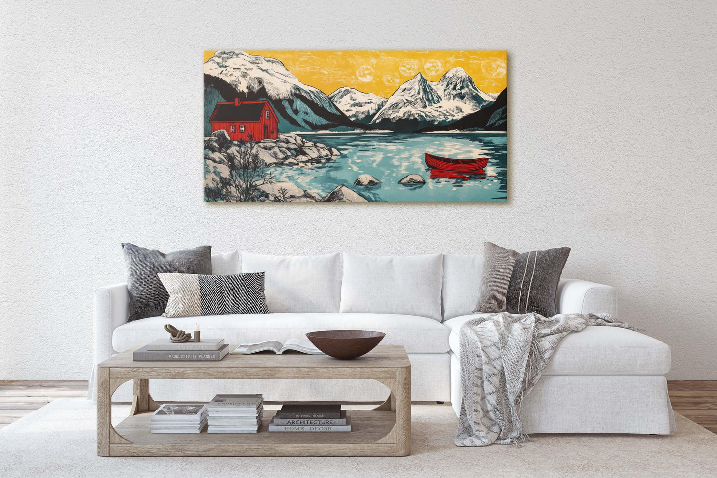 Scandinavian Art, Mountain Cabin, Mountain Lake, Canoe Lake