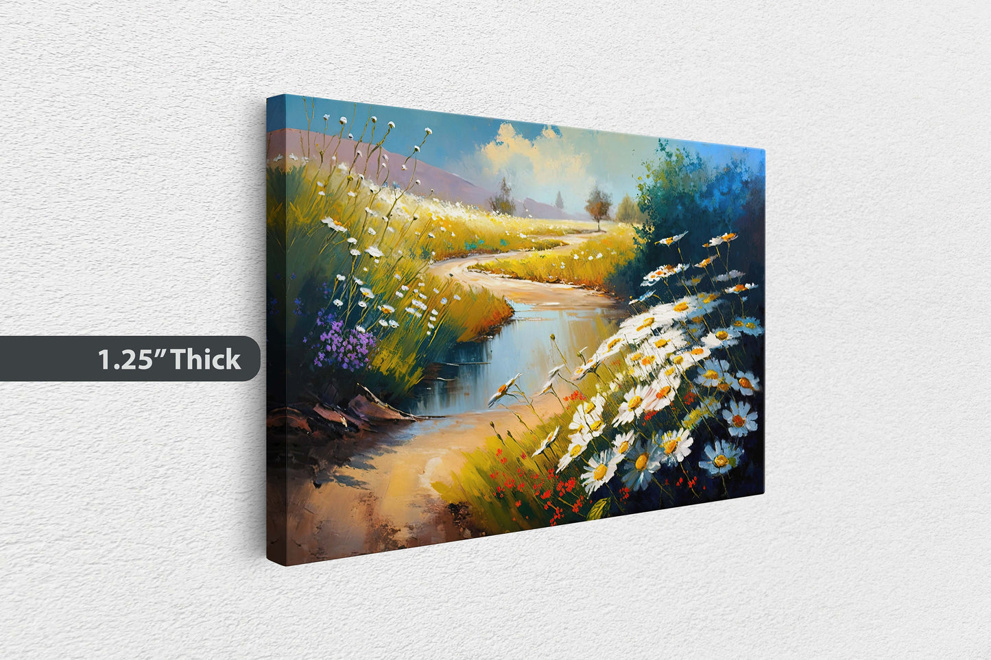 Chamomile Field, White Wildflowers, Flowers Canvas Art Ready To Hang Large Print, Oil Painting, Landscape