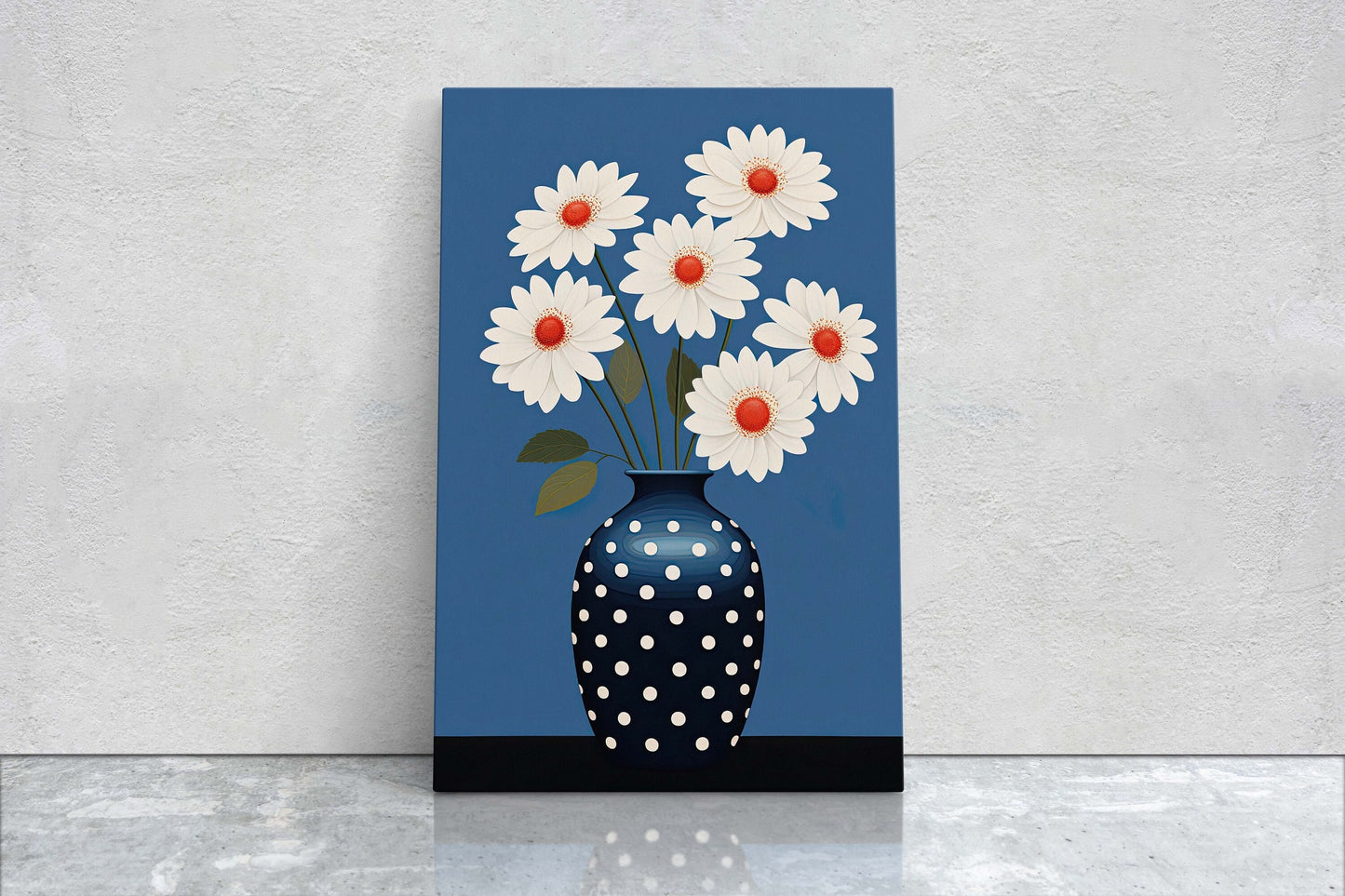 Flower Vase Painting, Contemporary Blue, White Floral Art, Framed Canvas, Large Art Print, Vertical Portrait, Indigo and White, Modern