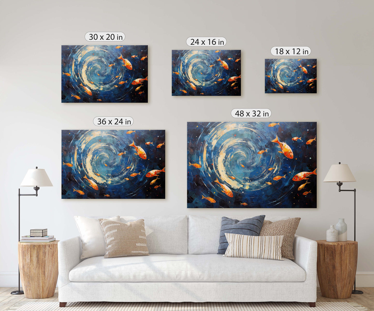 Fish School Painting, Canvas Wall Art, Abstract Blue Sea Painting, Boho Wall Décor, Custom Painting, Home Decor,Large Original,Framed Canvas