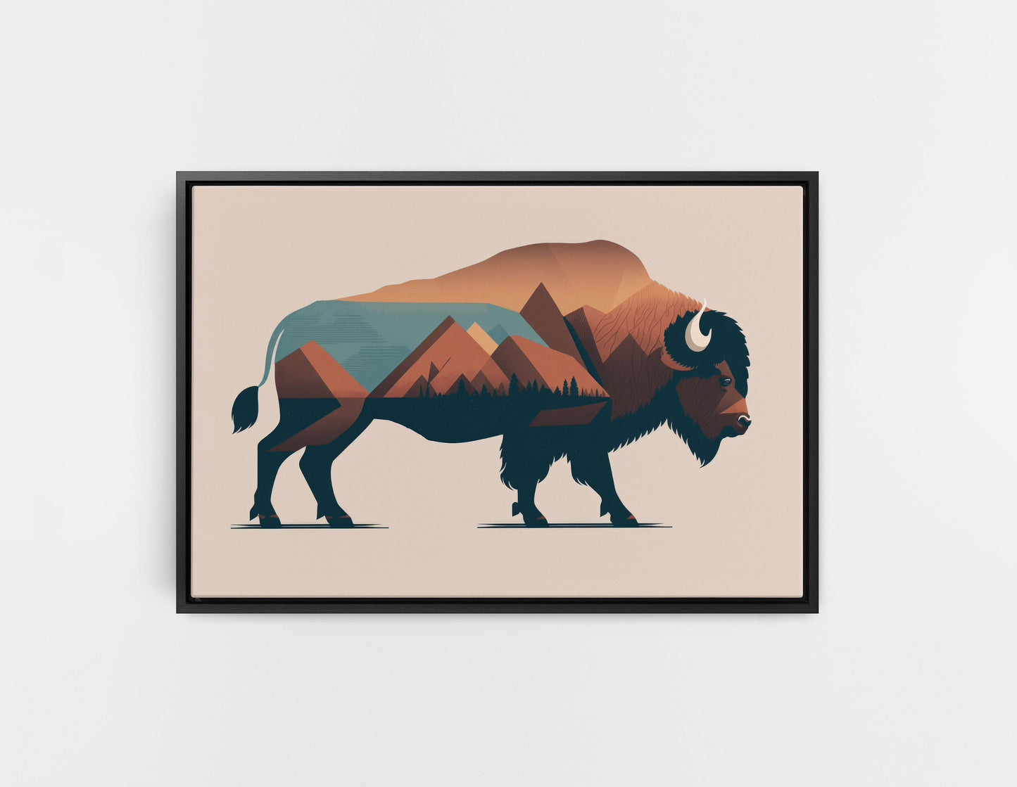Boho Minimalist Buffalo, American Bison, Canvas Art Ready To Hang Large Print, Painting, Mountains, Neutral