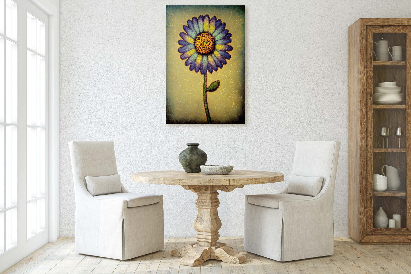 Sunflower, Abstract, Pointillism, Flower Decor, Large Print, Ready To hang, Farmhouse, Farm, Vertical Print, Modern Art, Contemporary