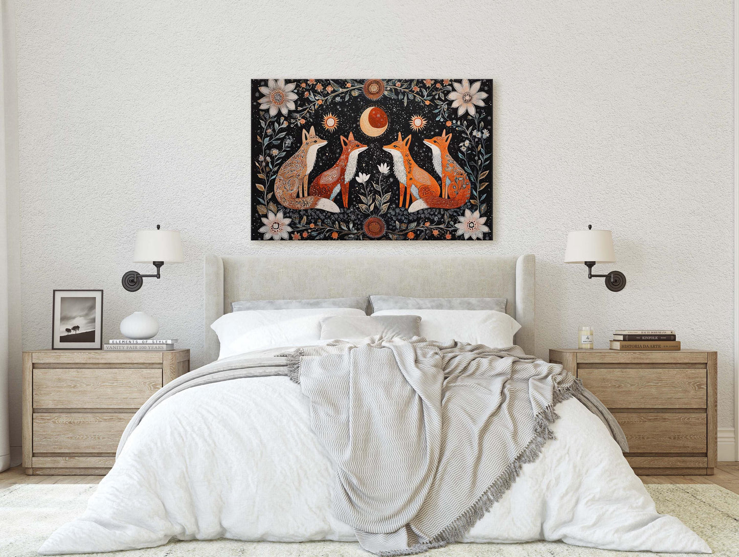 Fox Folk Art, Celestial Art, Fox Art, Nature print, Canvas print