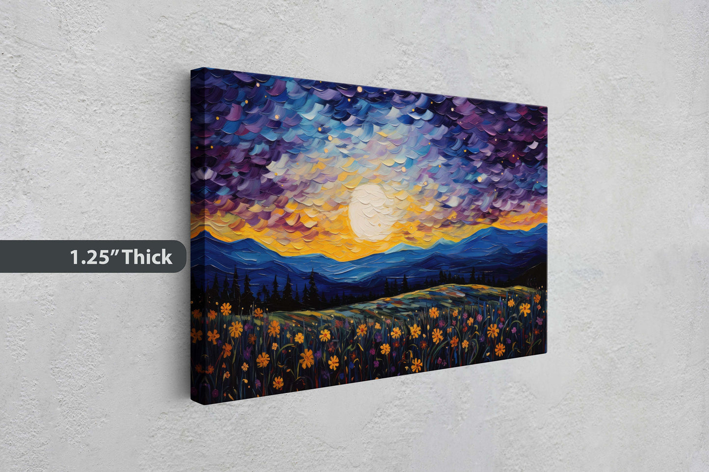 Flowers and Stars, Flower Field Painting, Blues Purples and orange, Moonlit Night, Sunset, Sunrise, Landscape Painting
