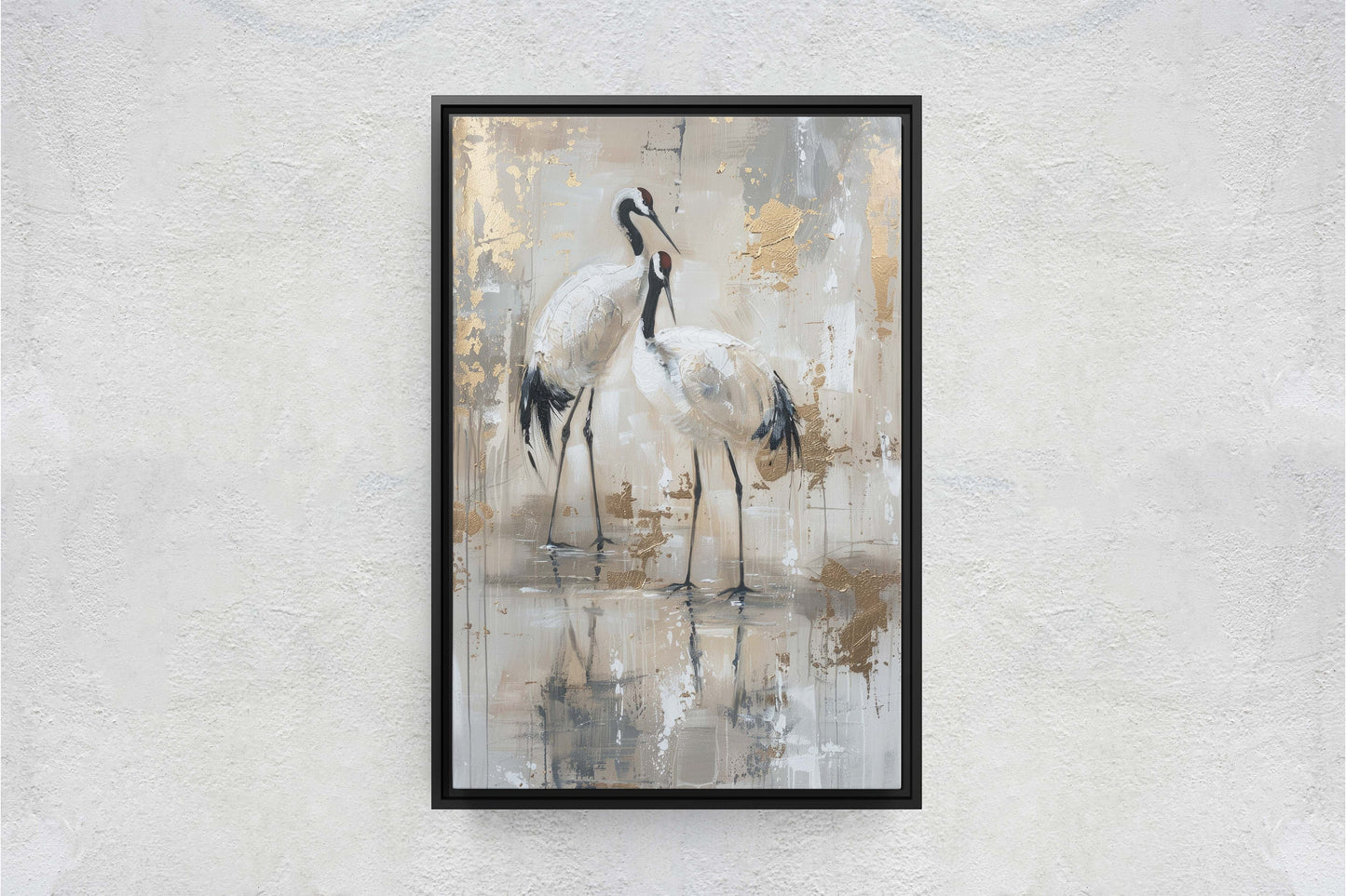 Gold Japanese Cranes, Gold and Beige, Minimalist Art, Heron Decor, Framed Canvas, Japandi Print, Extra Large, Neutral Tones