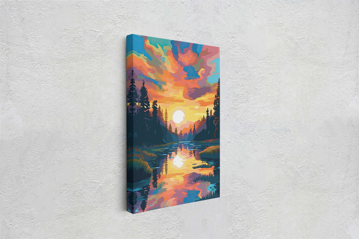 Lake at Sunset, Fauvist Color, Calm Water, Chromatic, Impressionist Art, Landscape Decor, Nature Painting, Ready to Hang, Canvas Print