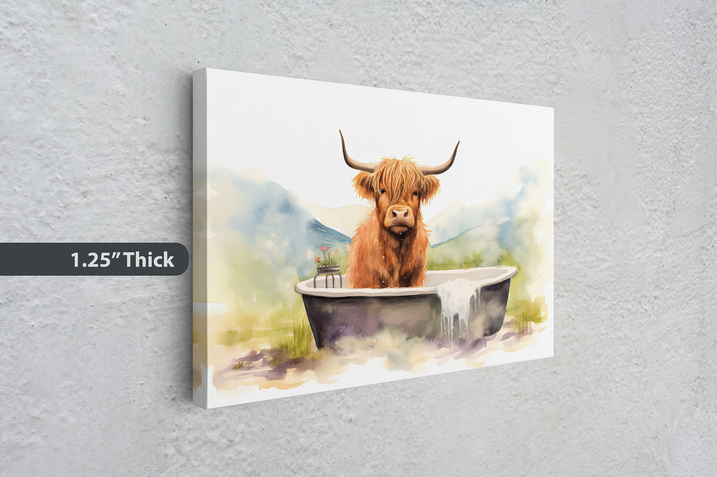 Highland Cow on Canvas, Cow Bathtub, Bathroom Decor, Scottish Cow, Bovine Art, Powder Room, Barn Style, Fun Art, Farm Print, Oversized Art