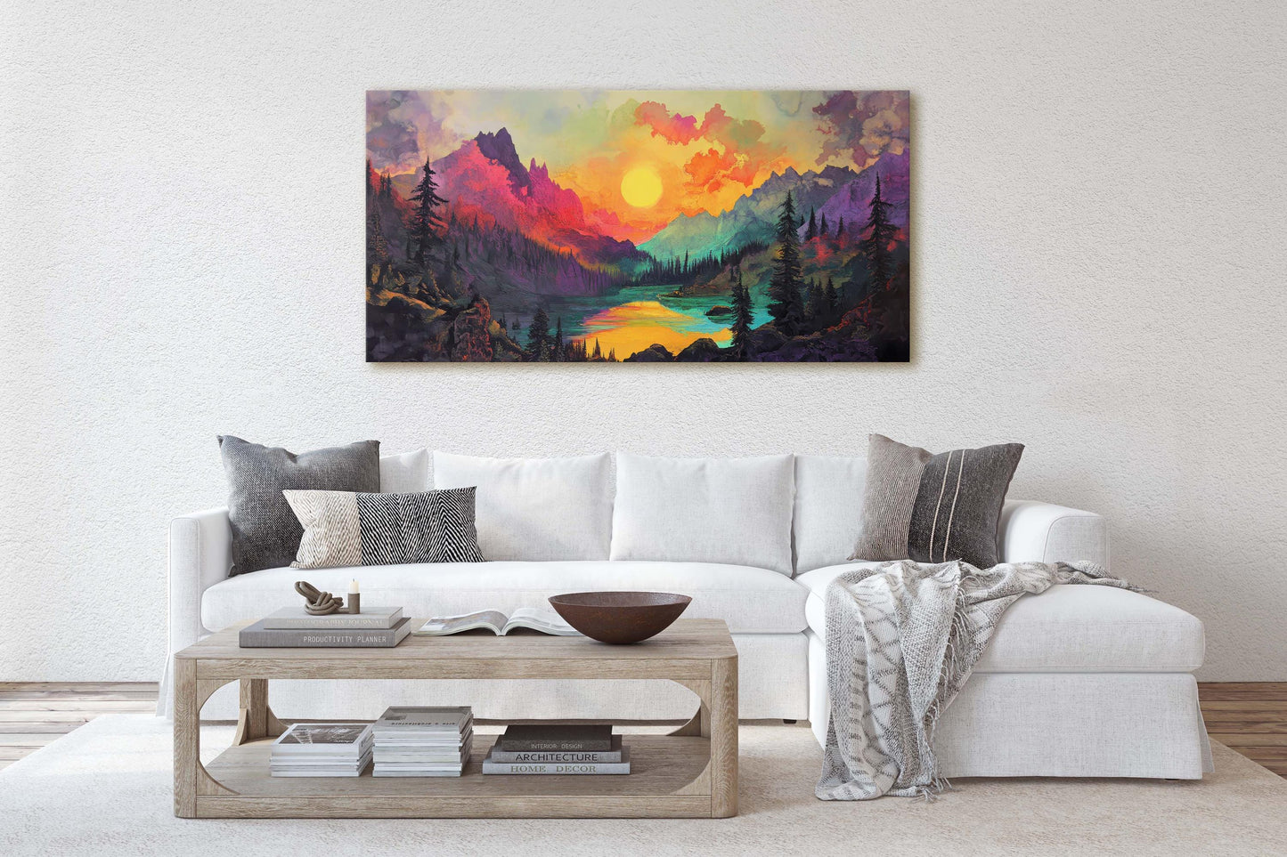 Colorful Mountain Sunrise on Canvas, Smoky Forest, Foggy Mountains, Vibrant Color, Abstract Art