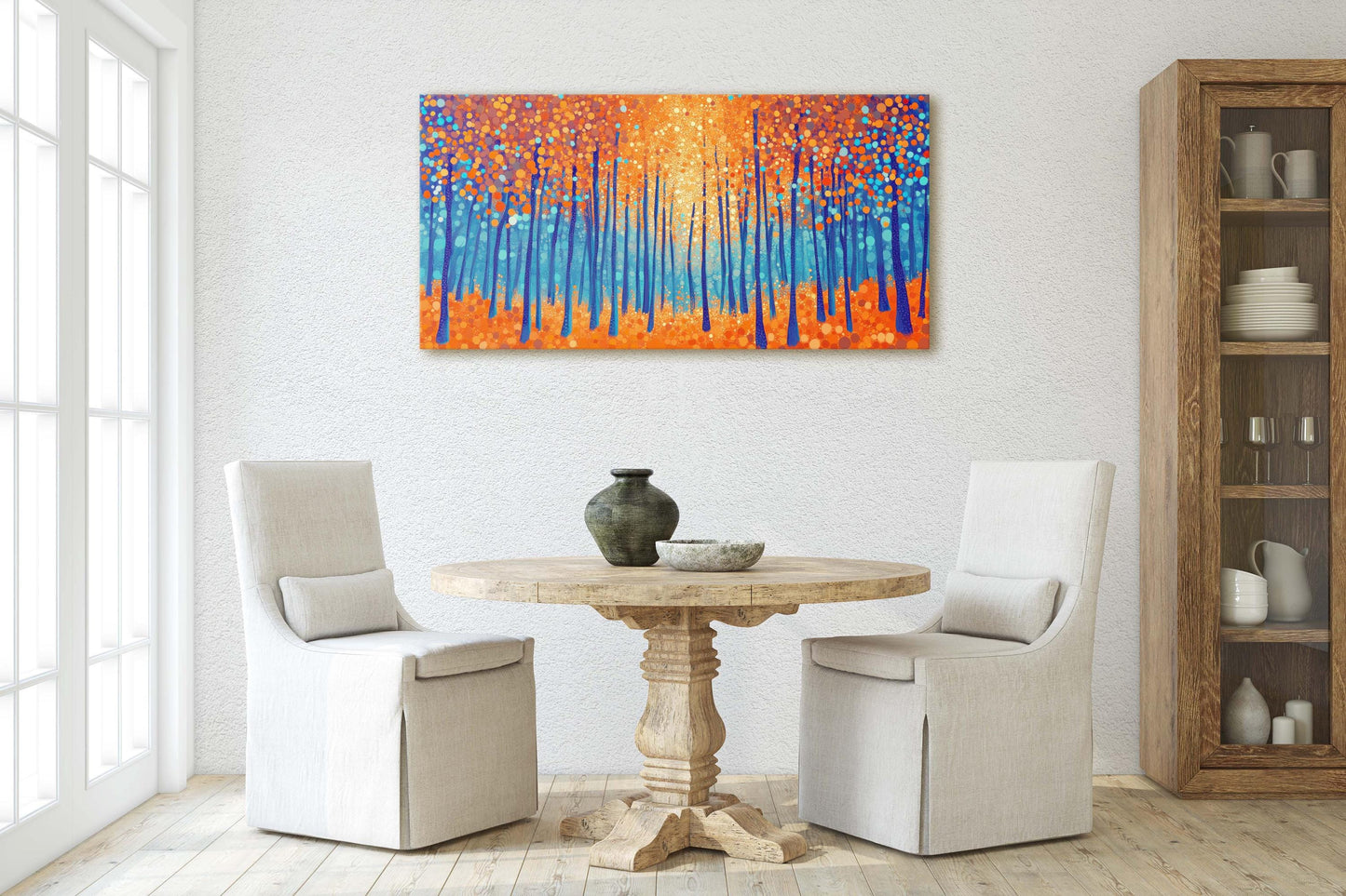Pointillism Autumn, Fall on Canvas, Abstract Aspen Trees, Framed Canvas