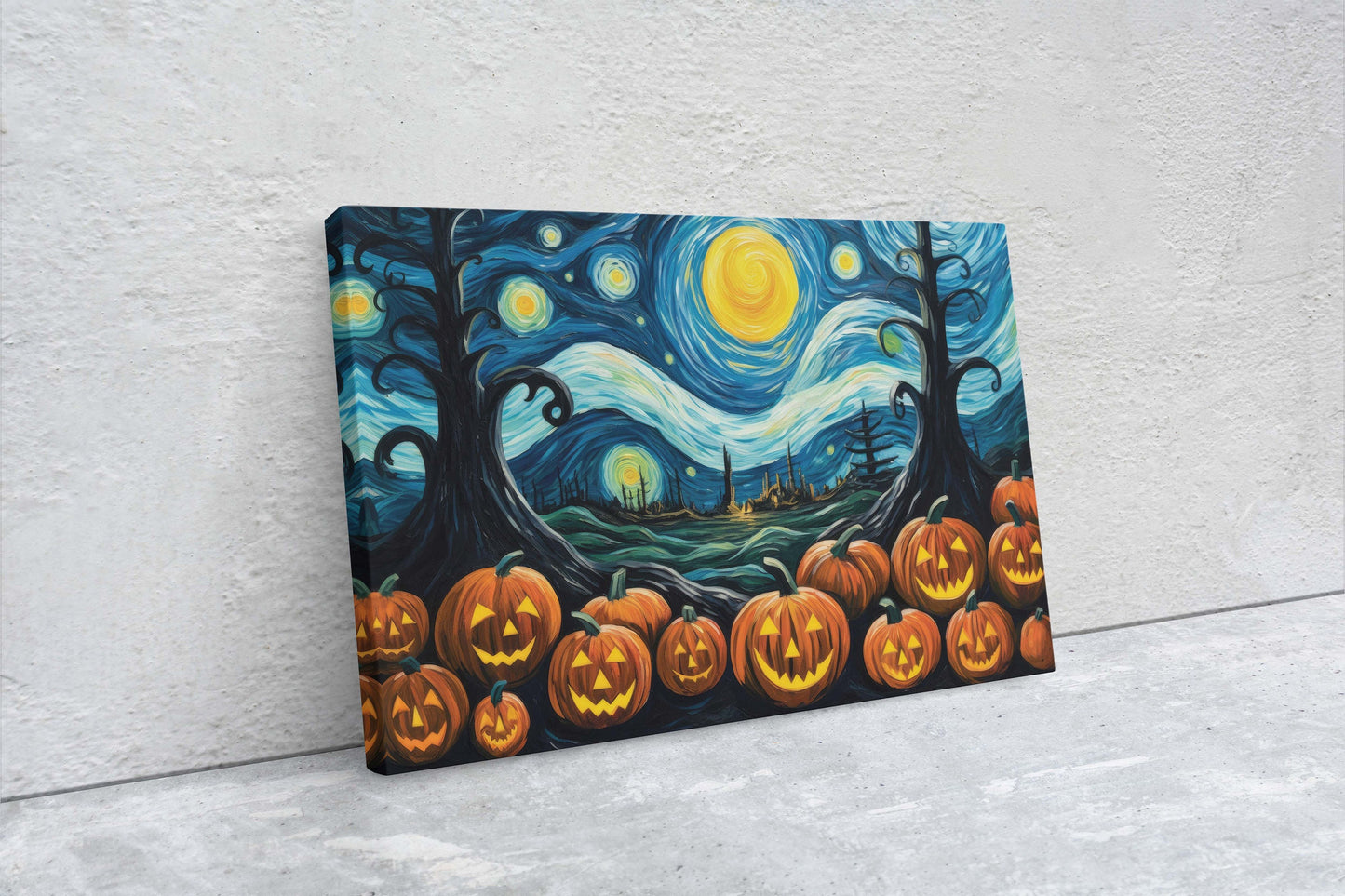 Pumpkin Patch On Canvas, Starry Night Pumpkins, Jack-O-Lantern, Van Gogh, Spooky Art, Fun Halloween, Kid Friendly, Framed Canvas