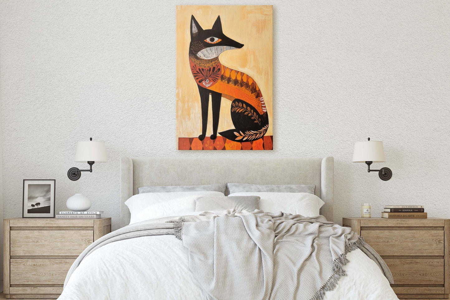 Scandinavian Fox, Folk Art, Celestial Art, Framed Canvas, Nature Print, Whimsical, Egyptian, Abstract