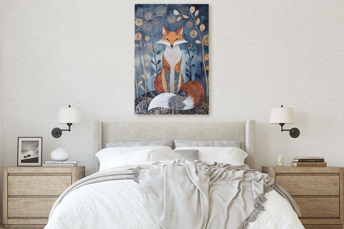 Scandinavian Fox, Folk Art, Celestial Art, Framed Canvas, Dark Print, Nature Print, Whimsical