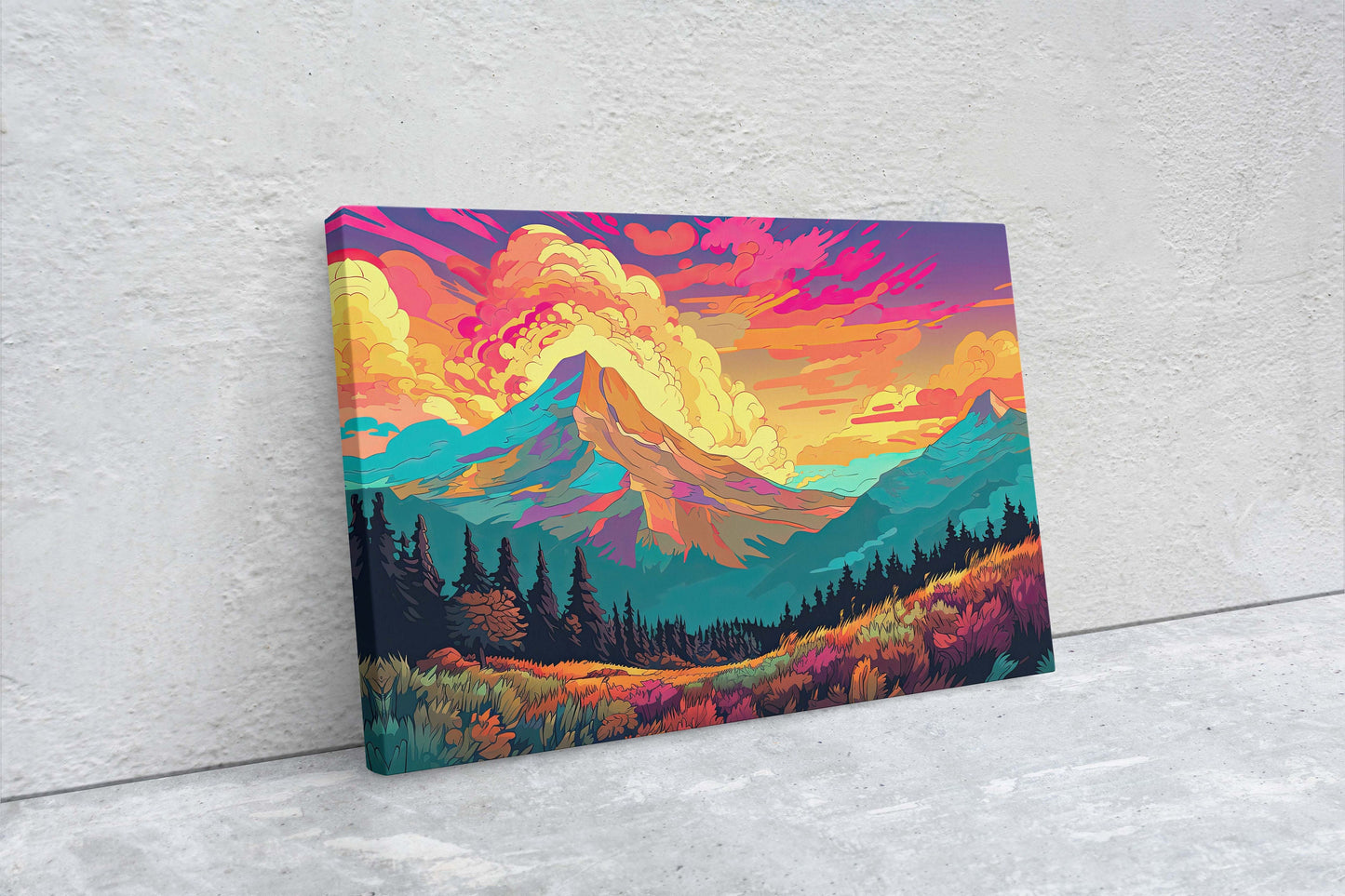 Vibrant Mountains, Colorful Illustration, Bold Colors, National Park, Framed Canvas, Cel Shading, Landscape Drawing, Toon Shading