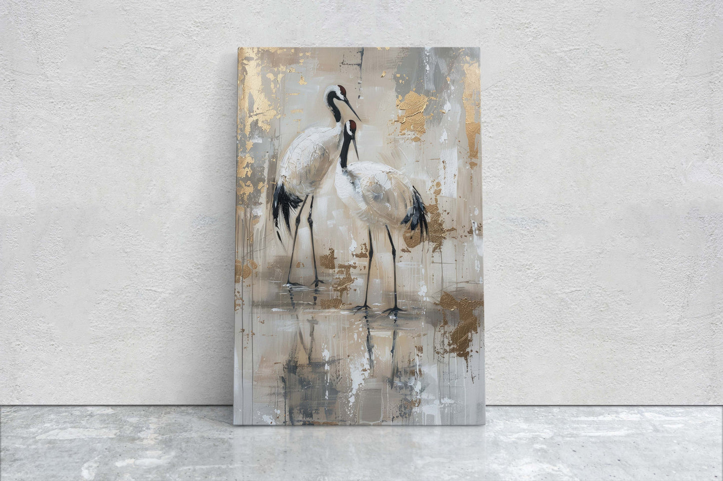 Gold Japanese Cranes, Gold and Beige, Minimalist Art, Heron Decor, Framed Canvas, Japandi Print, Extra Large, Neutral Tones
