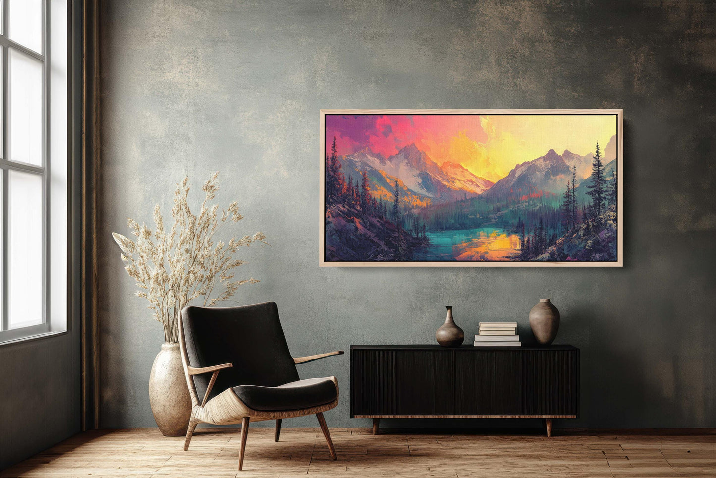 Colorful Mountain Sunrise On Canvas, Smoky Forest, Foggy Mountains, Vibrant Color, Abstract Art