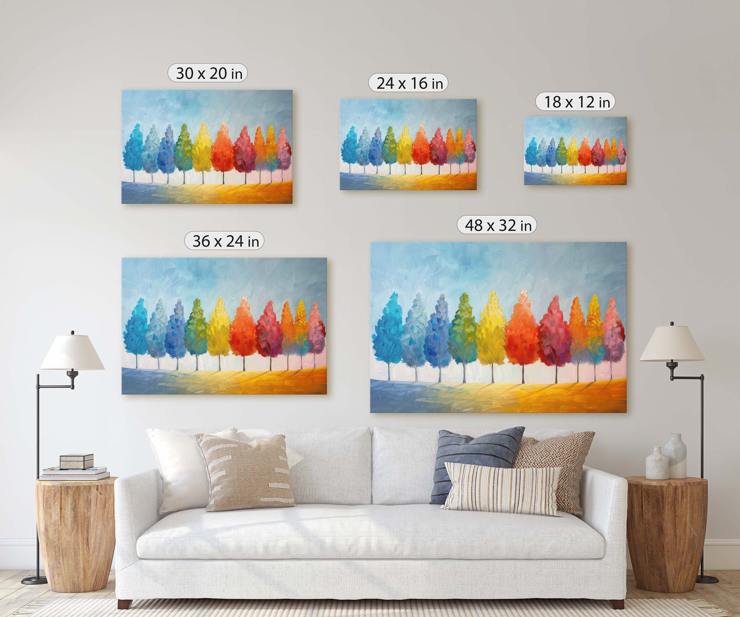 Seasons Painting, Pastel Trees, Rainbow Tree, Spring Summer, Fall Winter, Blue Tones, Colorful Vivid, Framed Canvas, Large Art Print