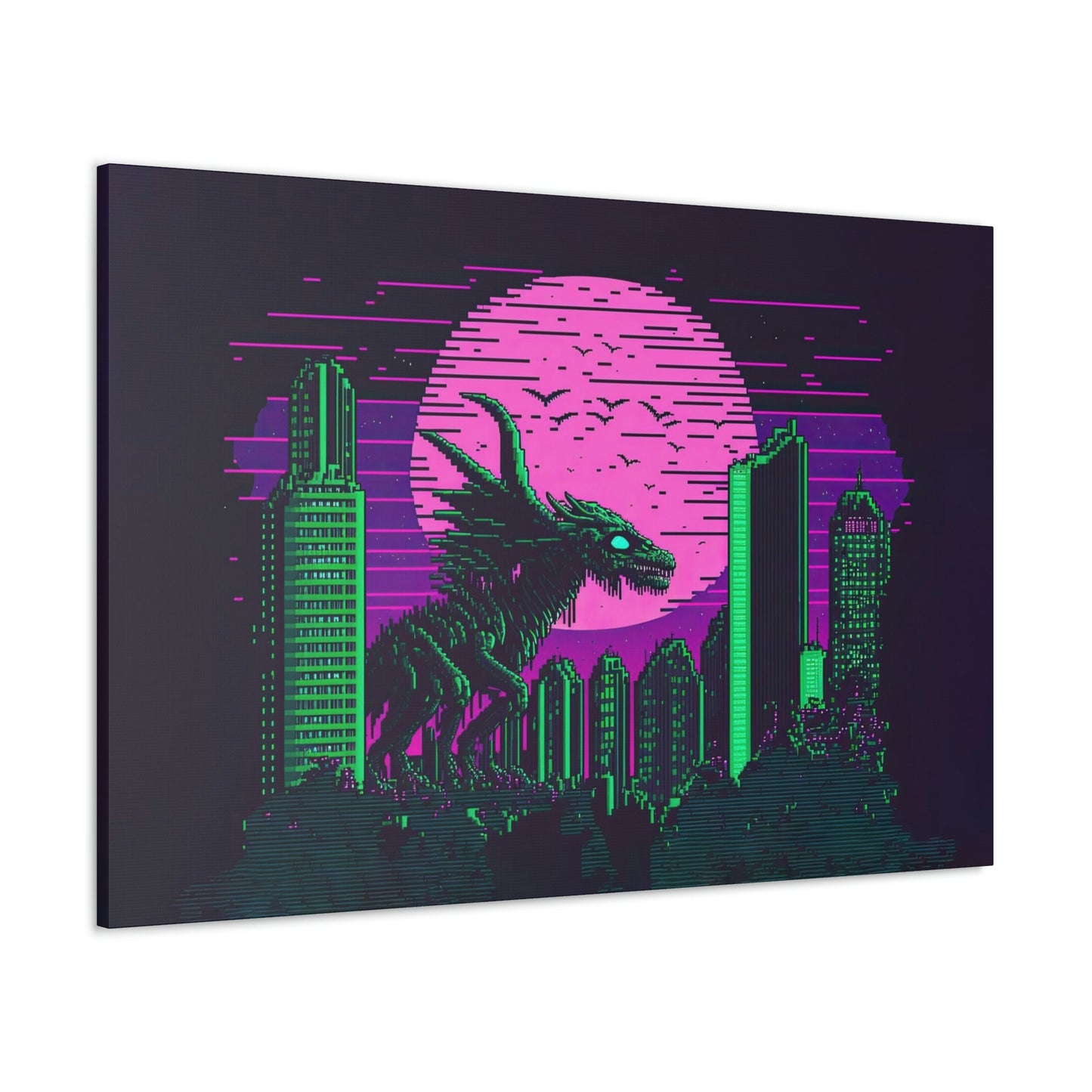 Alien Monster Destroying City Canvas Art Ready To Hang | Vapor wave | Outrun | Pixel | Man Cave
