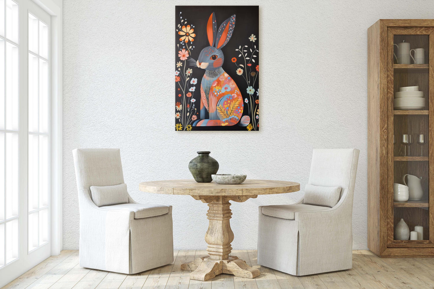 Scandinavian Rabbit, Folk Art, Celestial Art, Framed Canvas, Dark Print, Nature Print, Whimsical